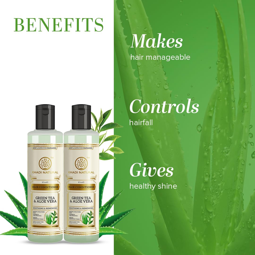 KHADI NATURAL Herbal Green Tea & Aloe Vera Hair Conditioner - Frizz-Free, Shine-Enhancing for All Hair Types | 2-Pack (420ml) | Perfect for Dry, Damaged Hair & Daily Nourishment