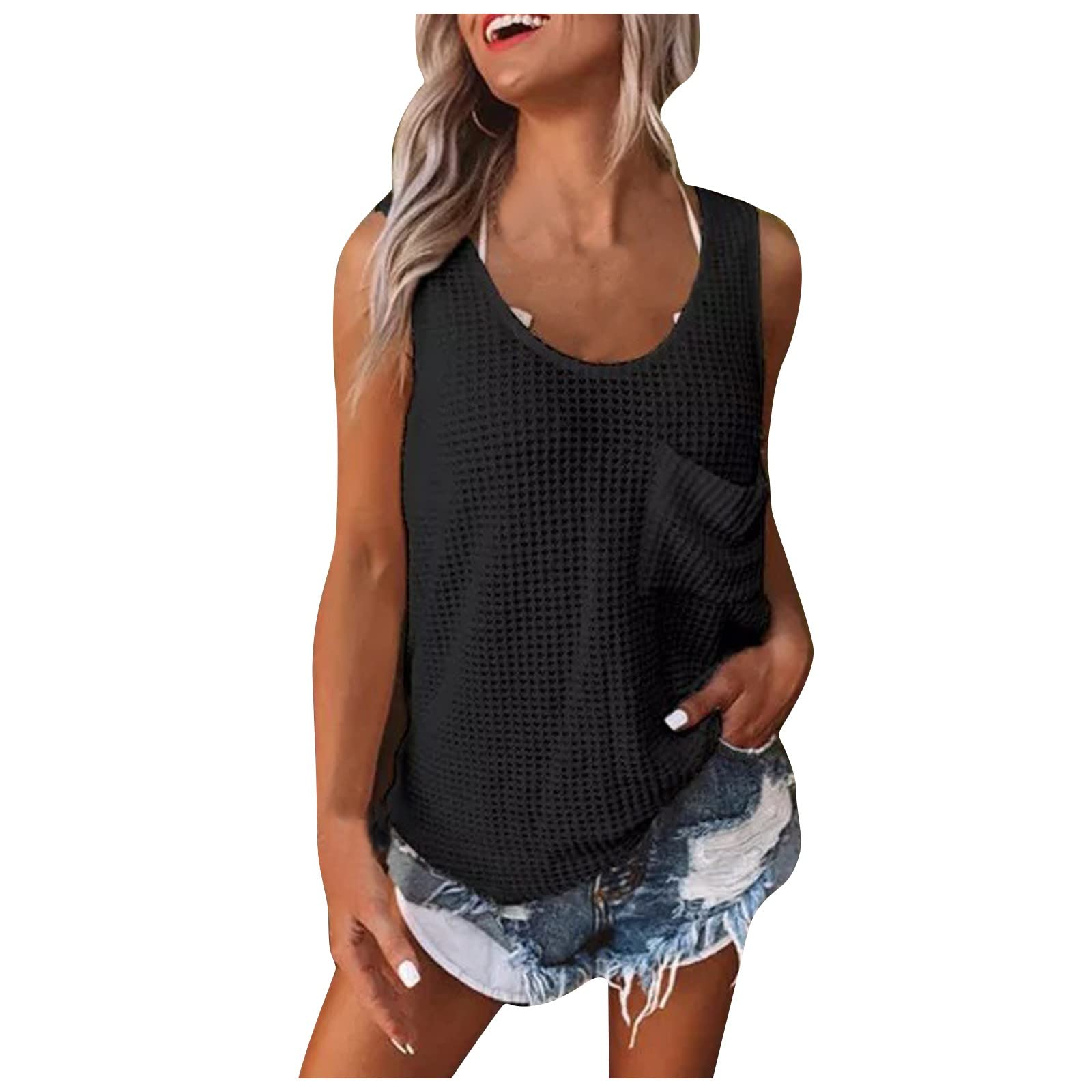DYGUYTH Women's Fashion V-Neck Waffle Knit Tank Tops - Sleeveless Loose Fit Blouse with Pocket | Casual Summer Tee for Beach, Workout & Everyday Wear