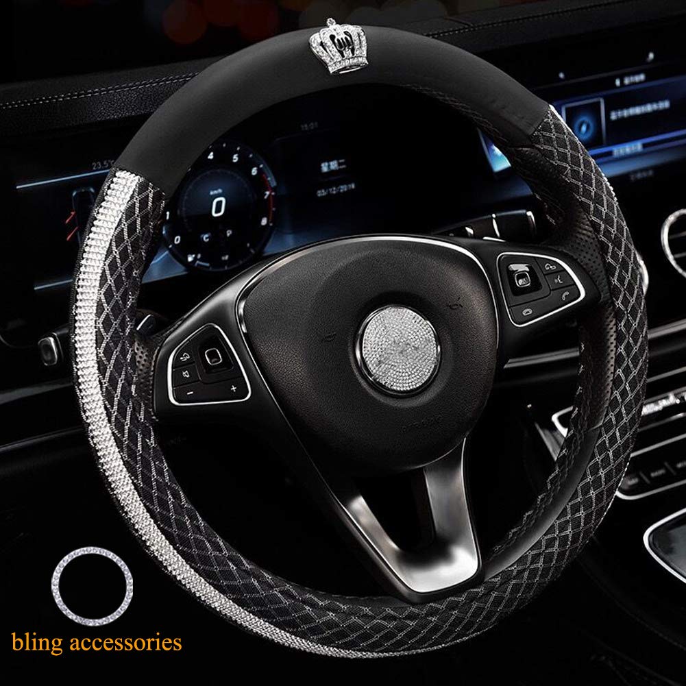 ALVAZA 15 Inch Universal Diamond Crown Steering Wheel Cover - Bling Crystal Rhinestones, Anti-Slip & Breathable for Women & Girls | Car Accessories for Luxury, Party & Daily Driving