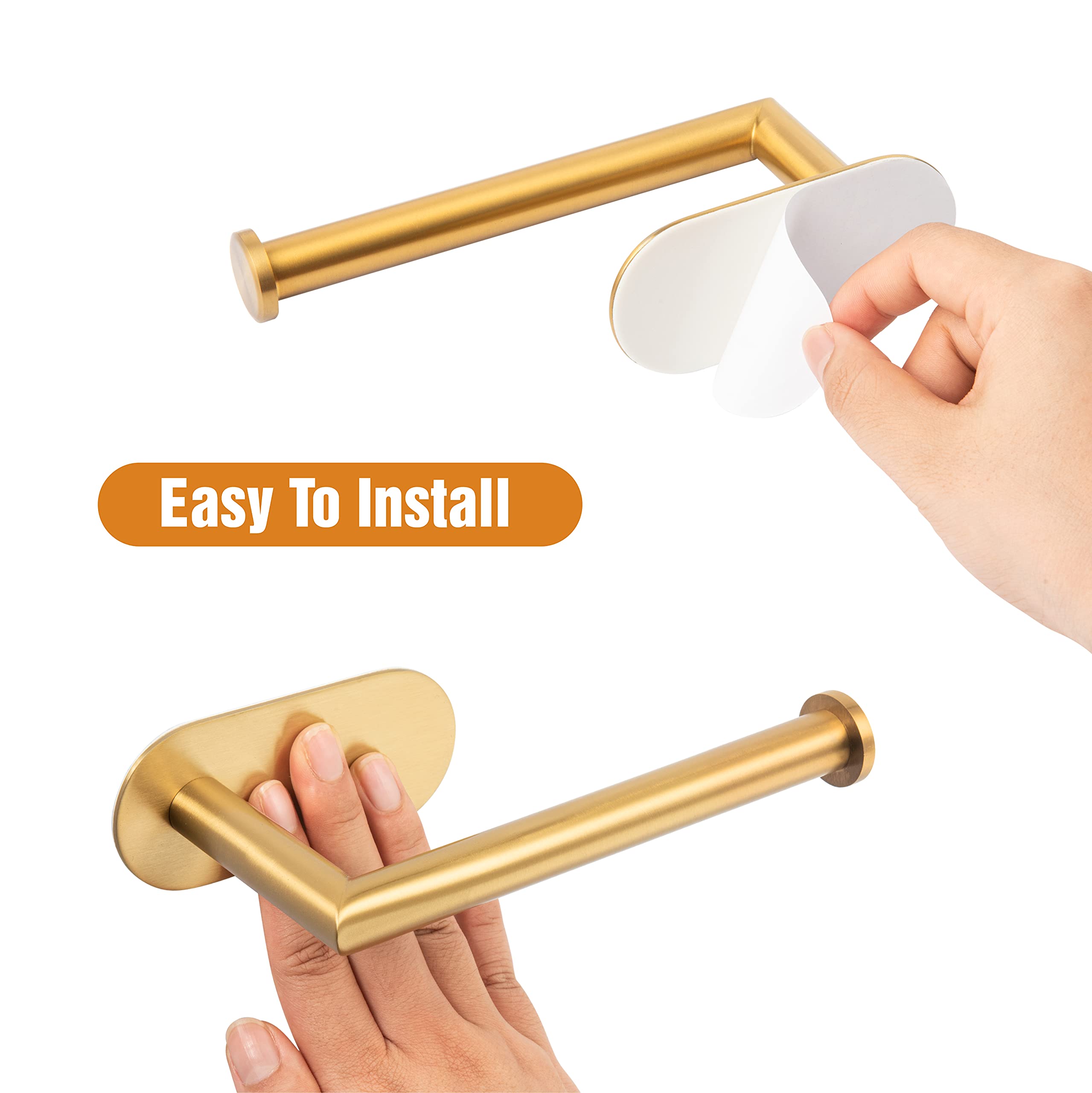 Stainless Steel Self-Adhesive Toilet Paper Holder - Gold Bathroom Wall Mount TP Roll Dispenser | Space-Saving & No Drill Installation for Small Bathrooms, RVs & Apartments