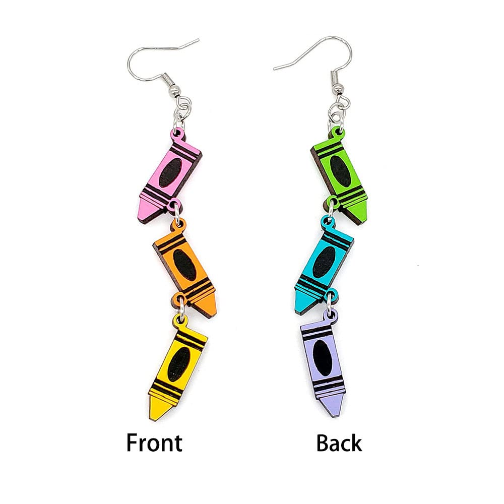 Funny Wooden Pencil & Crayon Book Earrings - Librarian Teacher Jewelry for Women, Students - Perfect for Graduation, Back to School & Reading Enthusiasts - Great Gift for Book Lovers & Educators