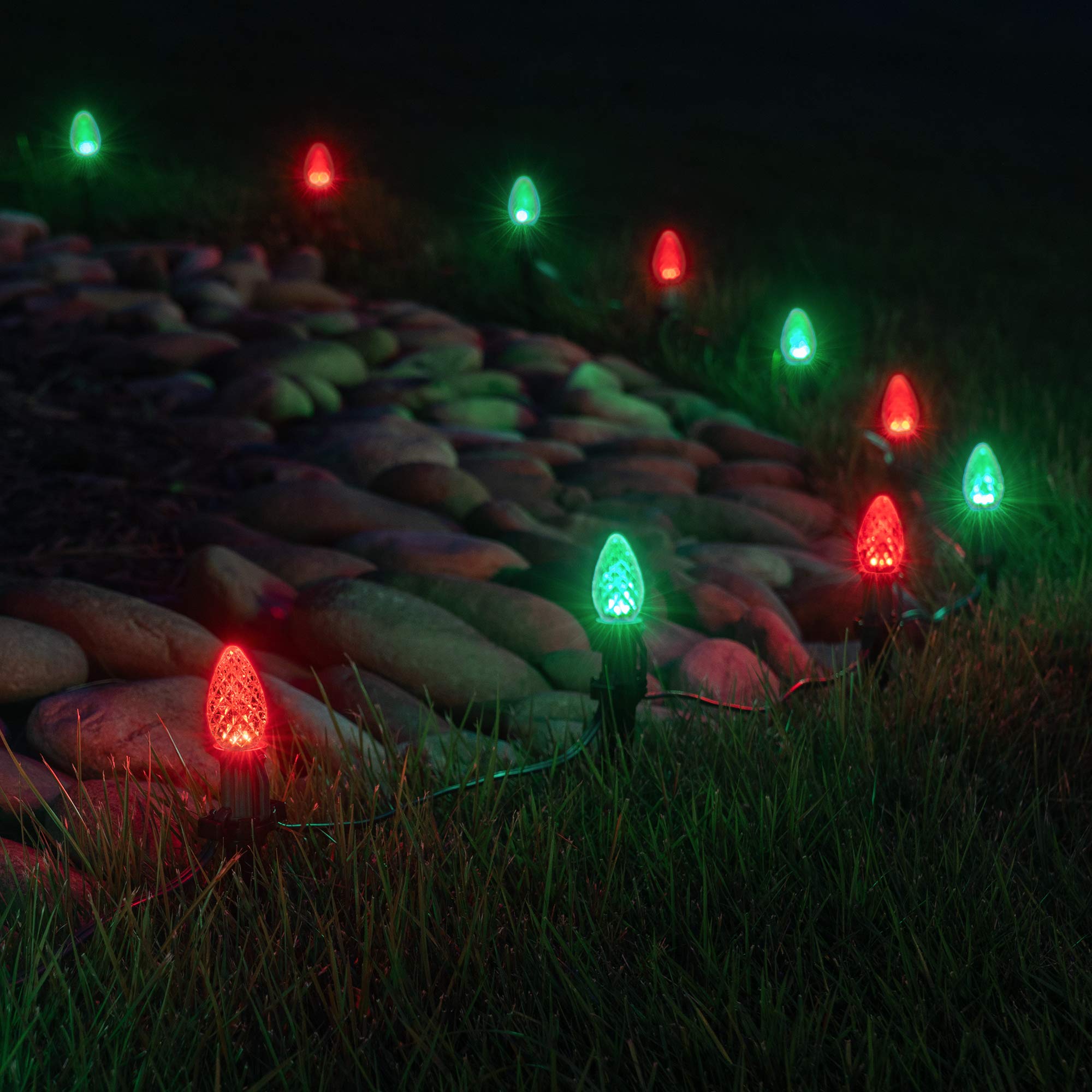Wintergreen Lighting 100ft OptiCore LED C7 Red & Green Christmas Pathway Lights - Outdoor Driveway Decorations with 4.5