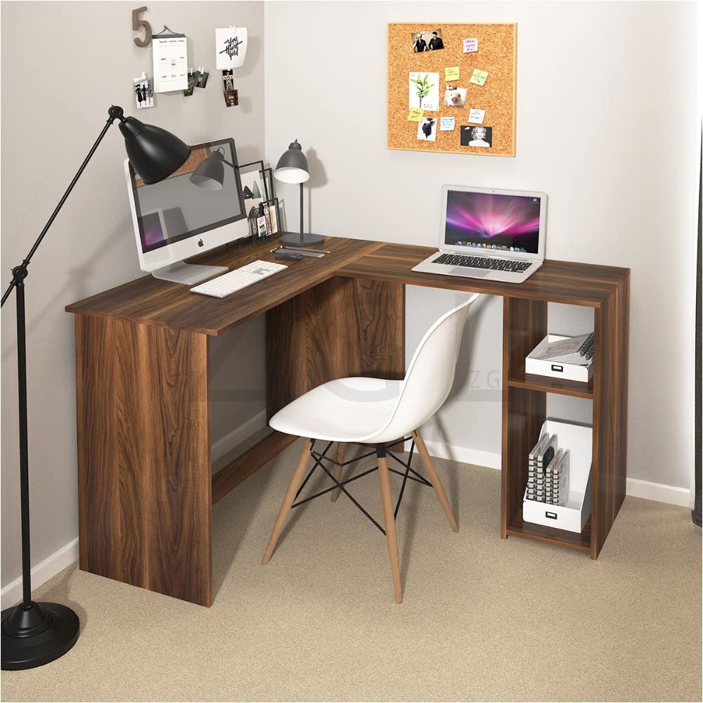Industrial L-Shaped Corner Computer Desk for Home Office - Sturdy Workstation with 2 Storage Shelves, Study Writing Desk (Brown) - Perfect for Small Spaces & Gaming Setup
