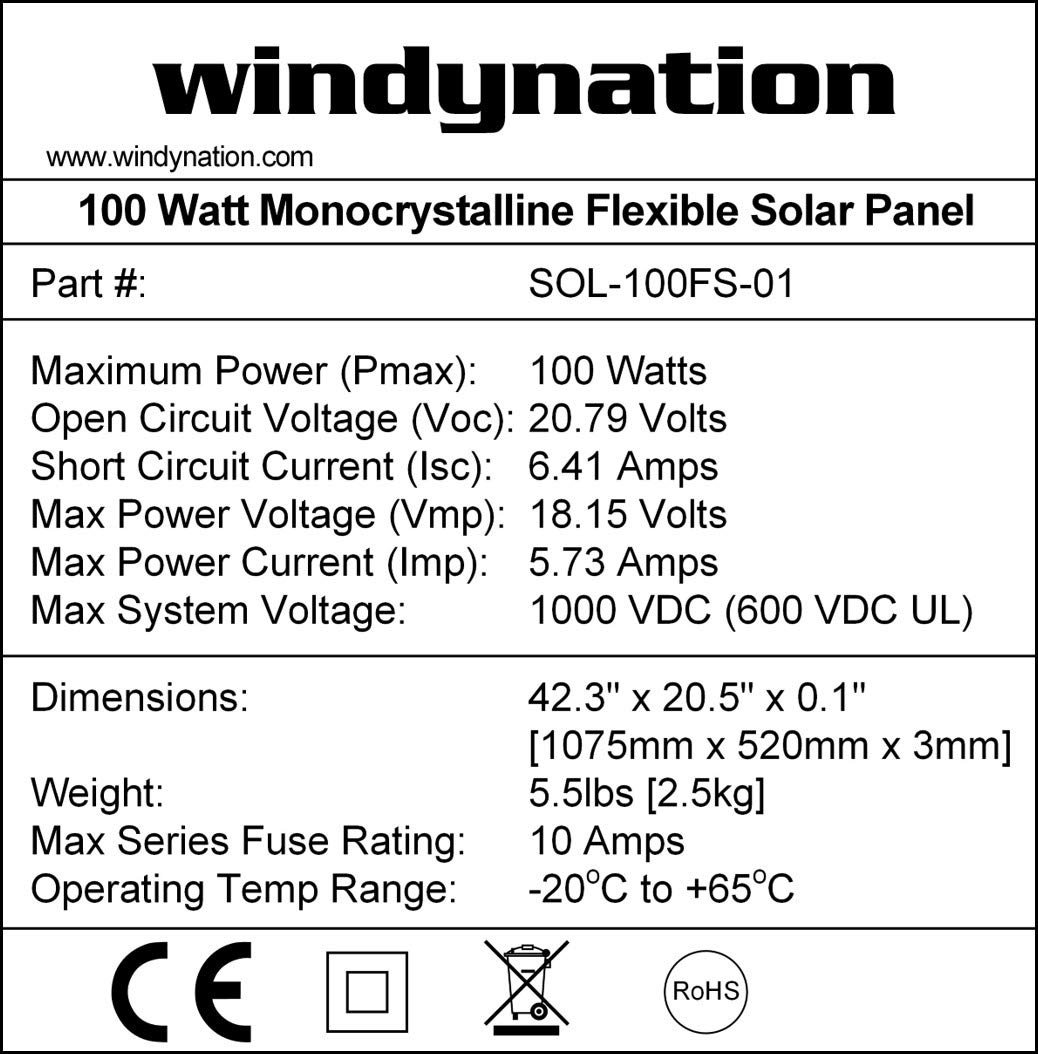 WindyNation 2 Pack 100W 12V Flexible Monocrystalline Solar Panels - Lightweight Thin Solar Battery Charger for RV, Boat, Cabin, Marine, Off-Grid Power & Camping Use