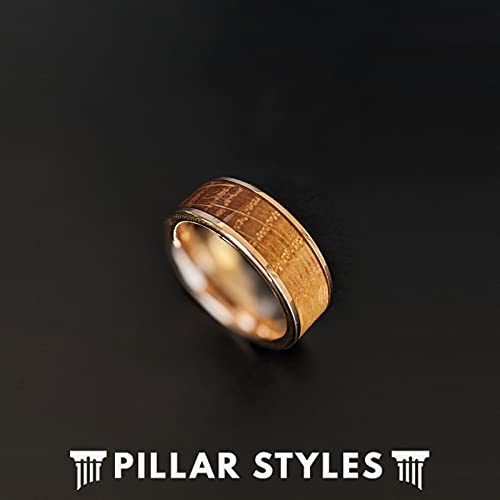 18K Rose Gold Tungsten Wedding Band for Men - 8mm Comfort Fit Whiskey Barrel Wood Inlay Ring - Rustic Bourbon Whisky Inspired Anniversary Gift for Him - Perfect for Weddings, Engagements, and Special Occasions