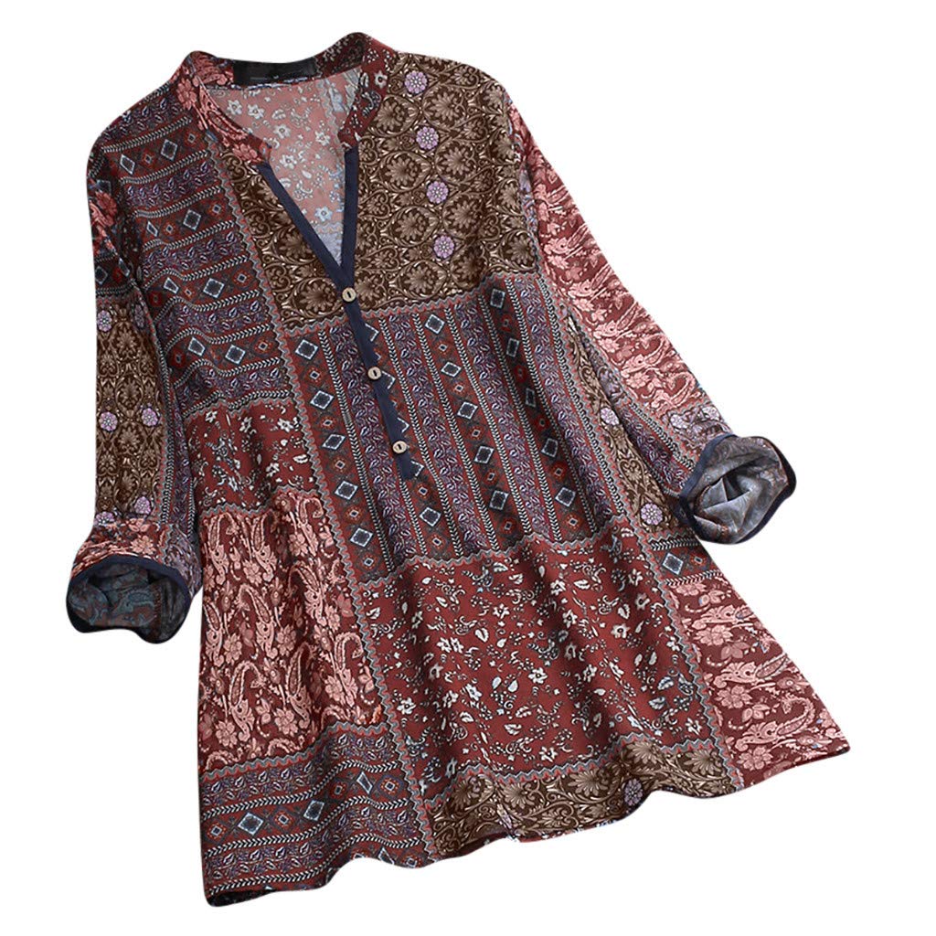 Vintage Print Folk Long Sleeve V-Neck Blouse - Women's Button Down Boho T-Shirt for Vacation, Casual Wear & Summer Outfits