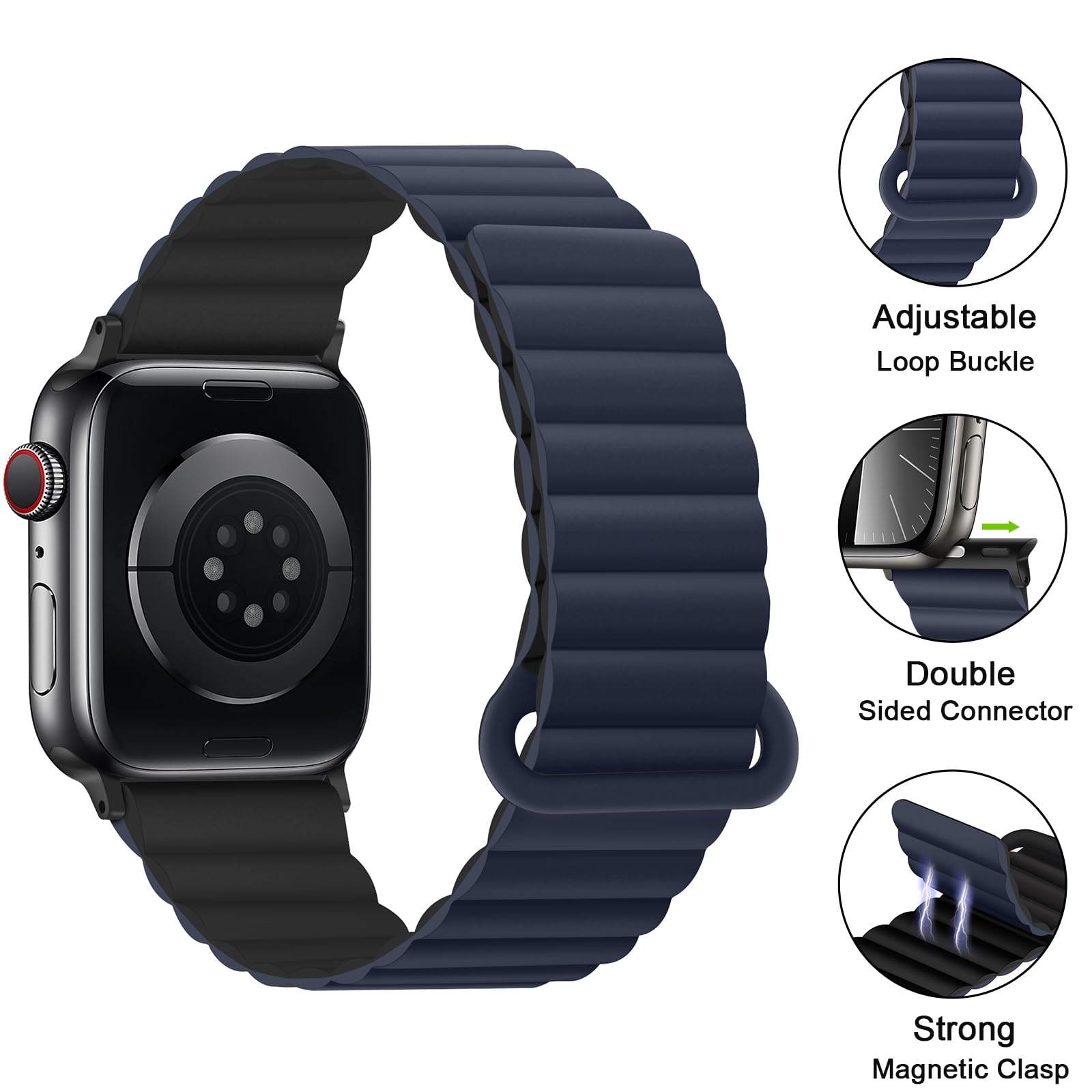 Anlinser Compatible with Apple Watch Band 49/46/45/44/42/41/40/38mm - Double Side Reversible Magnetic Bracelet Strap with Loop for iWatch SE Series 10 9 8 7 6-1 (42/41/40/38mm, Dark Blue) - Perfect for Workouts, Running, Swimming & Everyday Wear