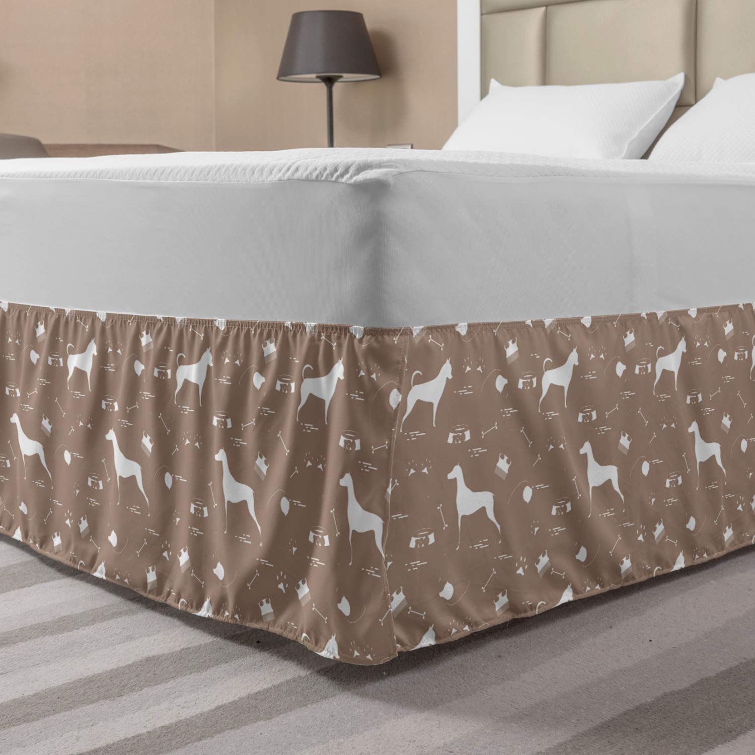 Lunarable Dog Bone Bed Skirt - Greyhound Silhouette Pet Theme with Collar Comb Dog Tracks - Elastic Wrap Around Dust Ruffle for King Size Beds - White Bedding Decor - Perfect for Pet Lovers' Home & Bedroom Styling