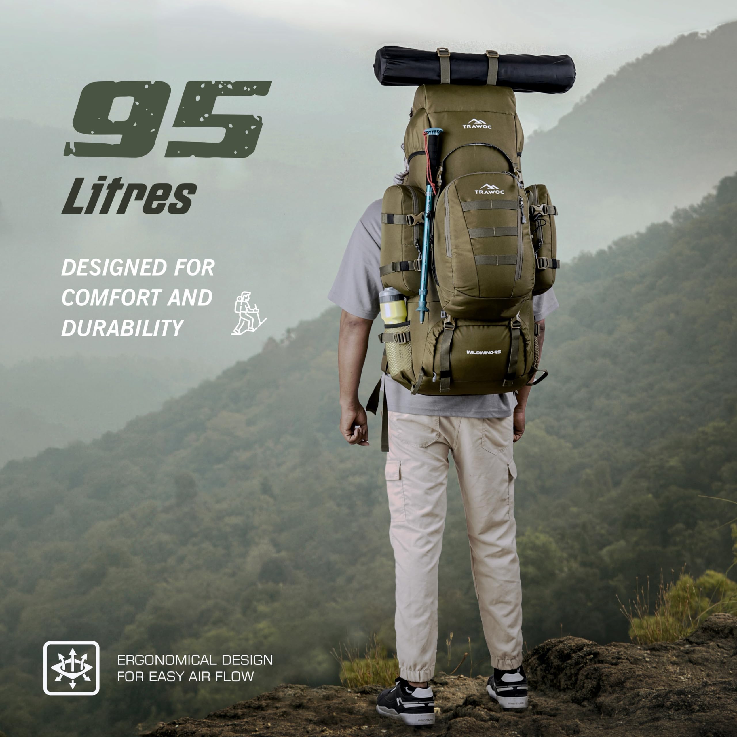 WILDWING 95L Internal Frame Travel Backpack with Detachable Daypack - Lightweight Hiking & Trekking Backpack for Men & Women - Olive Green - Perfect for Camping, Backpacking & Outdoor Adventures