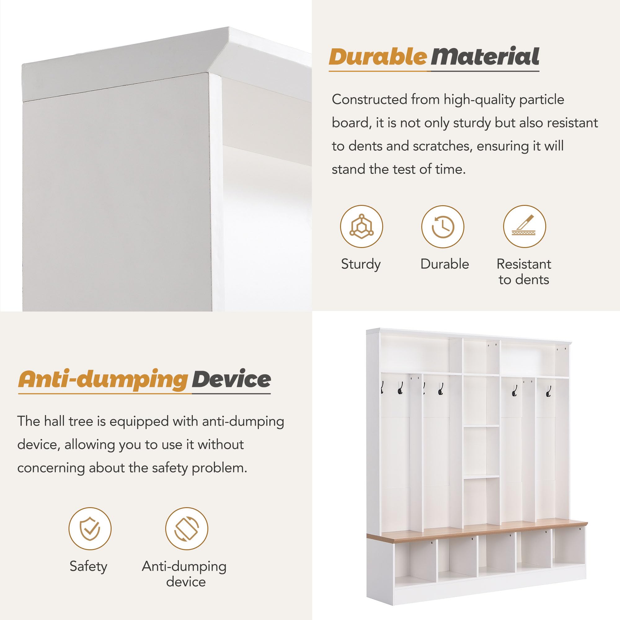 66.9 Inch Wide Entryway Hall Tree with Shelves, 8 Hooks & Storage Bench - White Shoe Cabinet with Coat Rack & Cube Storage for Mudroom Organization - Perfect for Entryway, Hallway & Home Foyer Decor