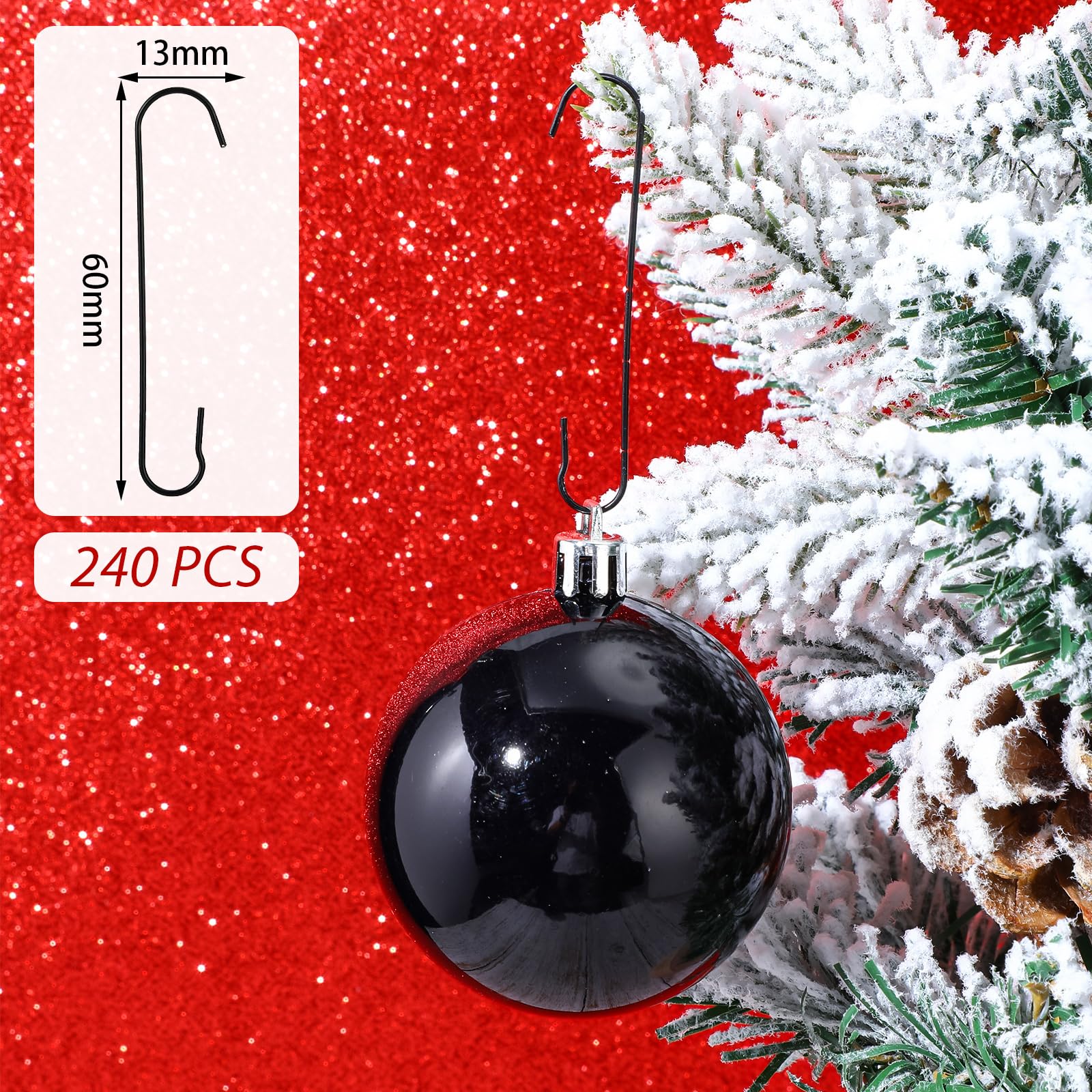 Mixweer 120pcs Christmas Ornament Hooks - 0.51 x 2.36 Inch C-Shaped Metal Wire Hanging Hooks with Storage Box for Christmas Tree Decorations, Party & Home Decor (Black) - Perfect for Holiday Decorating, Gift Wrapping & DIY Crafts