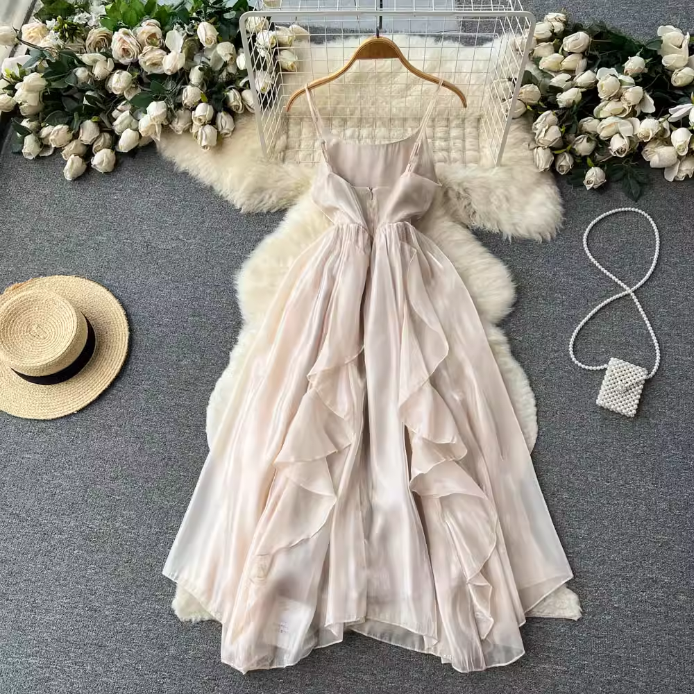 Elegant Ladies Summer Chiffon Dress with Ruffled Suspenders & Long Flowy Skirt - Fairy-Inspired Floral Maxi Dress for Beach, Wedding, or Casual Outings