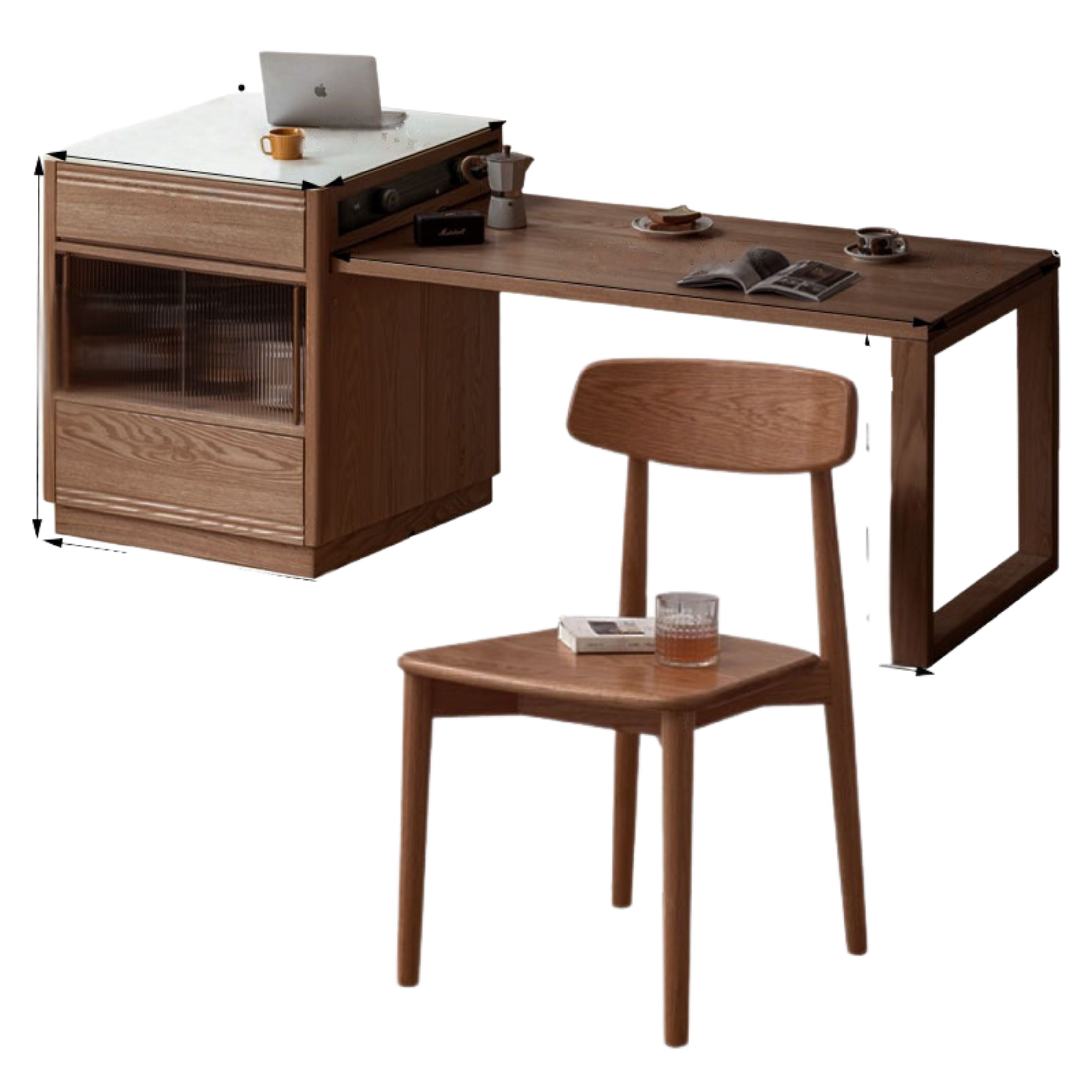 72.4-94.7x35x36.6 inch / 184-240.5x89x93сm / Walnut color/ telescopic island + dining table and four chairs + Deshen embedded electric rail