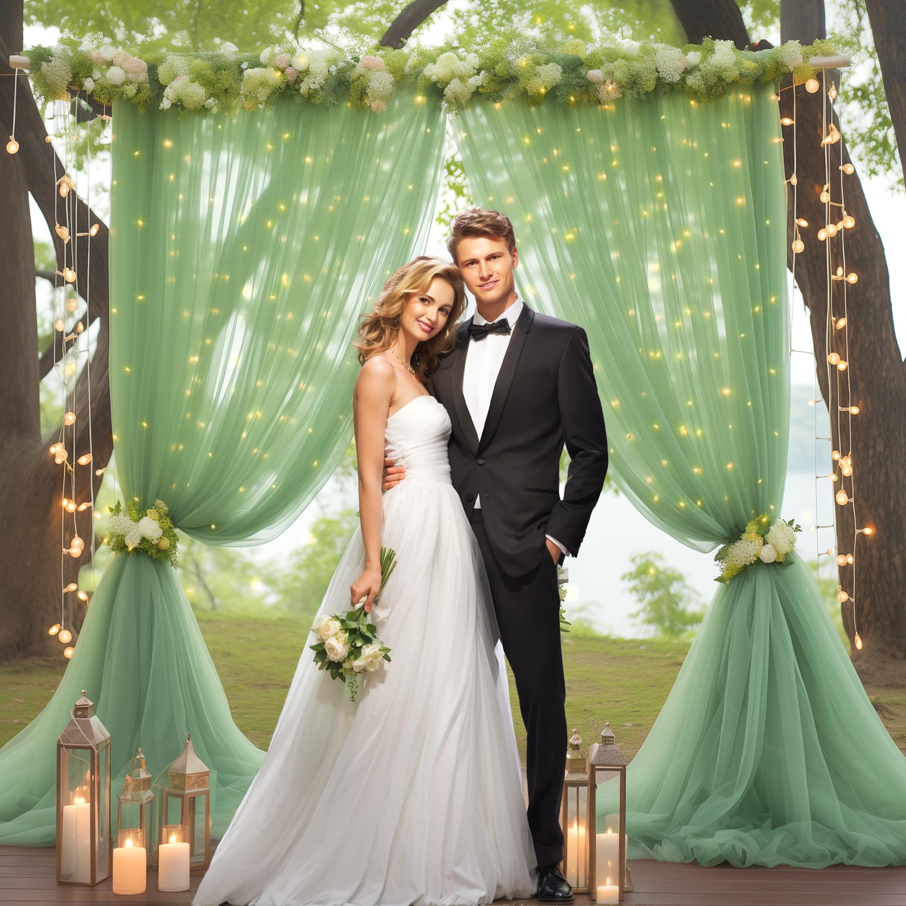 10×10ft Green Tulle Backdrop Curtain with Fairy Lights - Sheer Wedding Party Decor, Photo Booth Background, Birthday Celebration Drapes for Home & Event Decorations