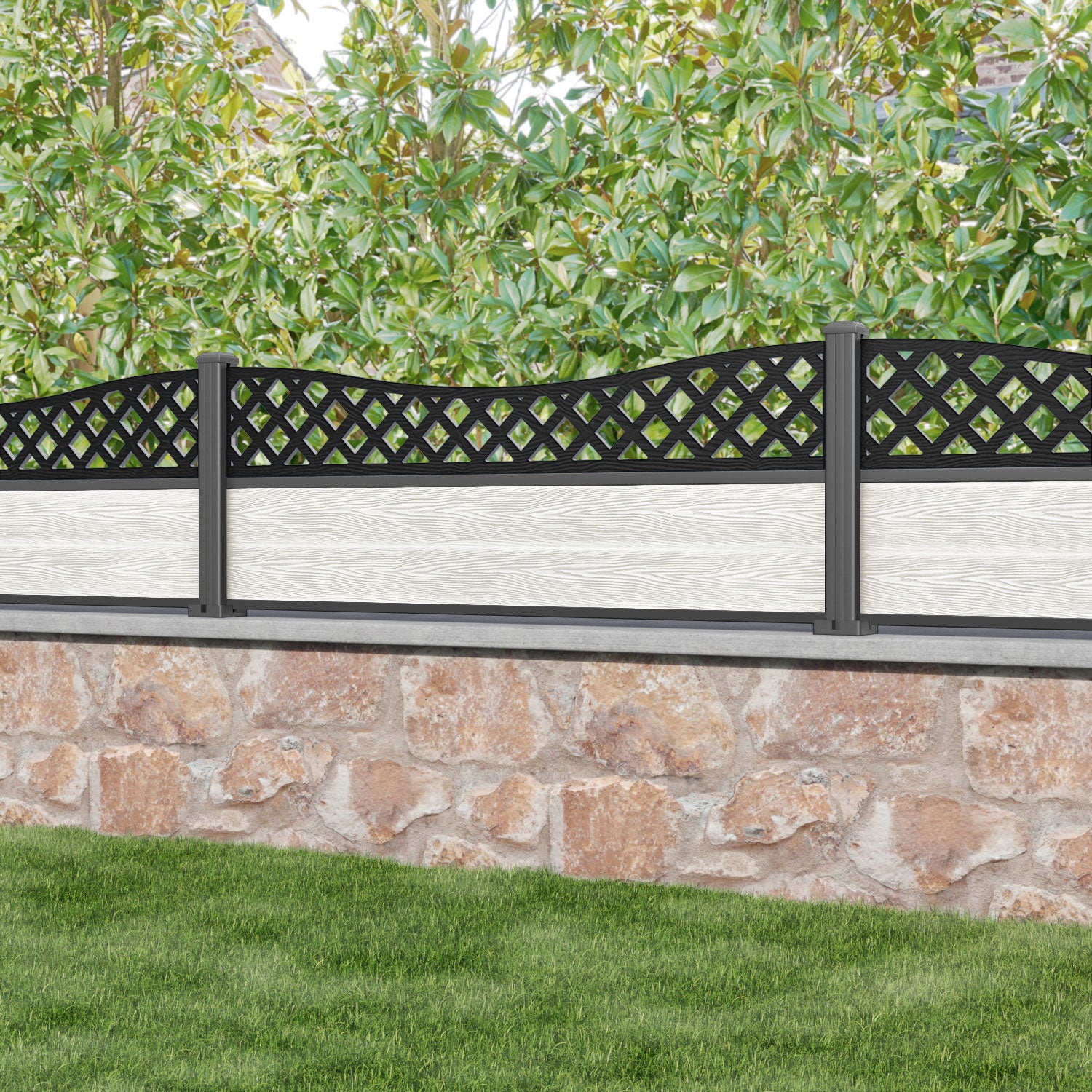 Classic Low Wave Fence Panel - Light Stone Color with Aluminum Posts | Durable Outdoor Garden Fence for Yard, Patio, and Poolside Decoration