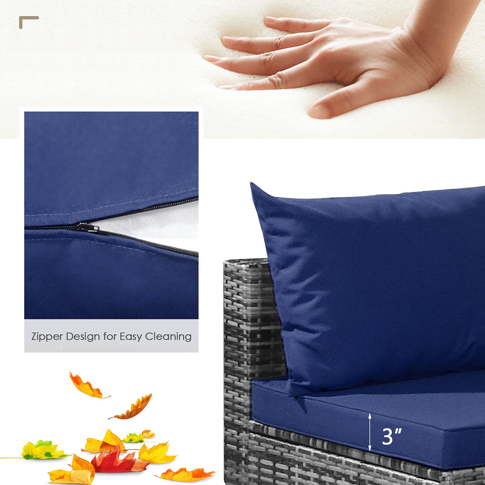 7-Piece Outdoor Patio Furniture Set - All-Weather PE Rattan Sectional Sofa with Cushions & Tempered Glass Coffee Table - Navy Blue Conversation Set for Backyard, Garden, Poolside or Deck Relaxation