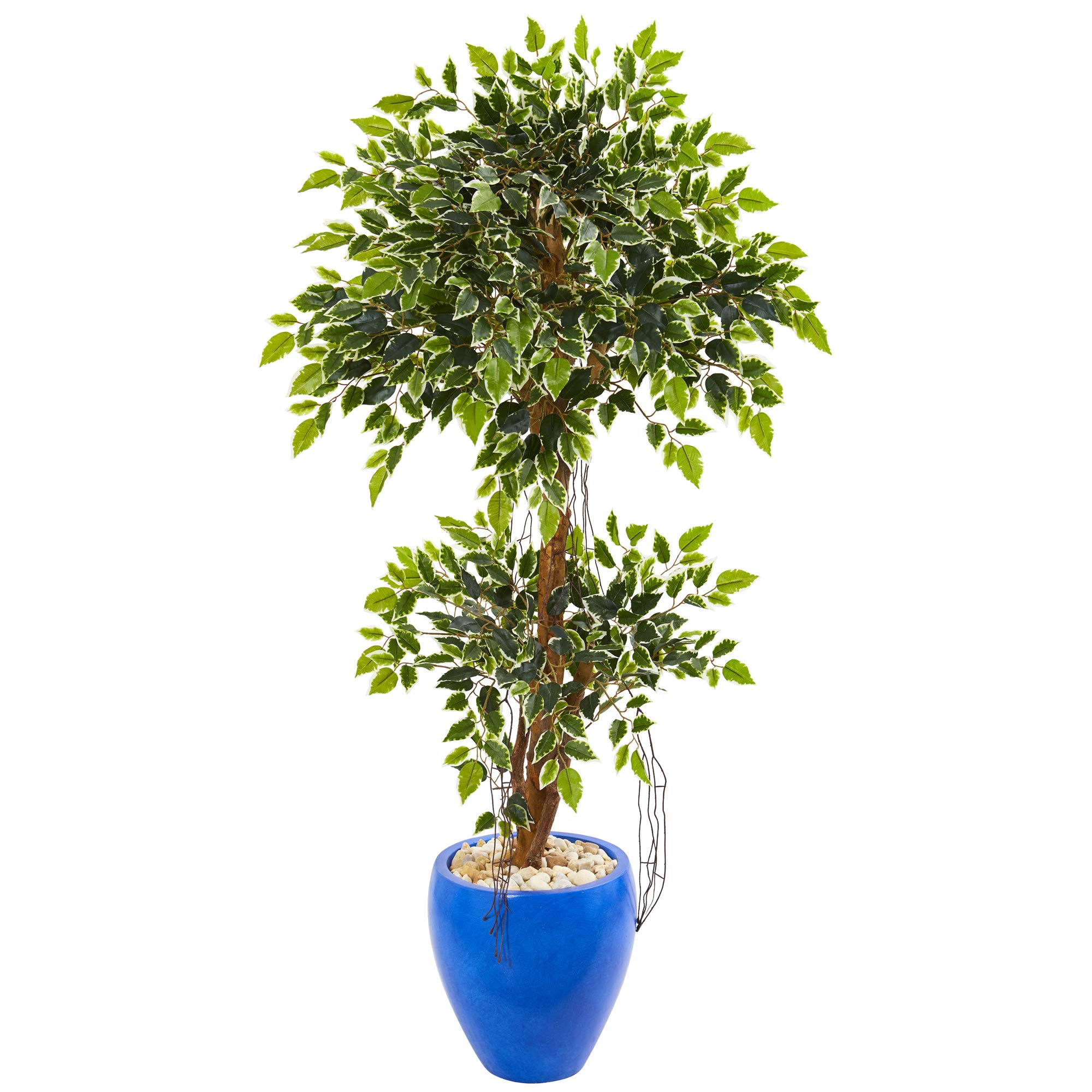 Nearly Natural 4.5-Ft Variegated Ficus Artificial Silk Tree in Blue Planter - Realistic Indoor/Outdoor Decor for Home, Office & Garden
