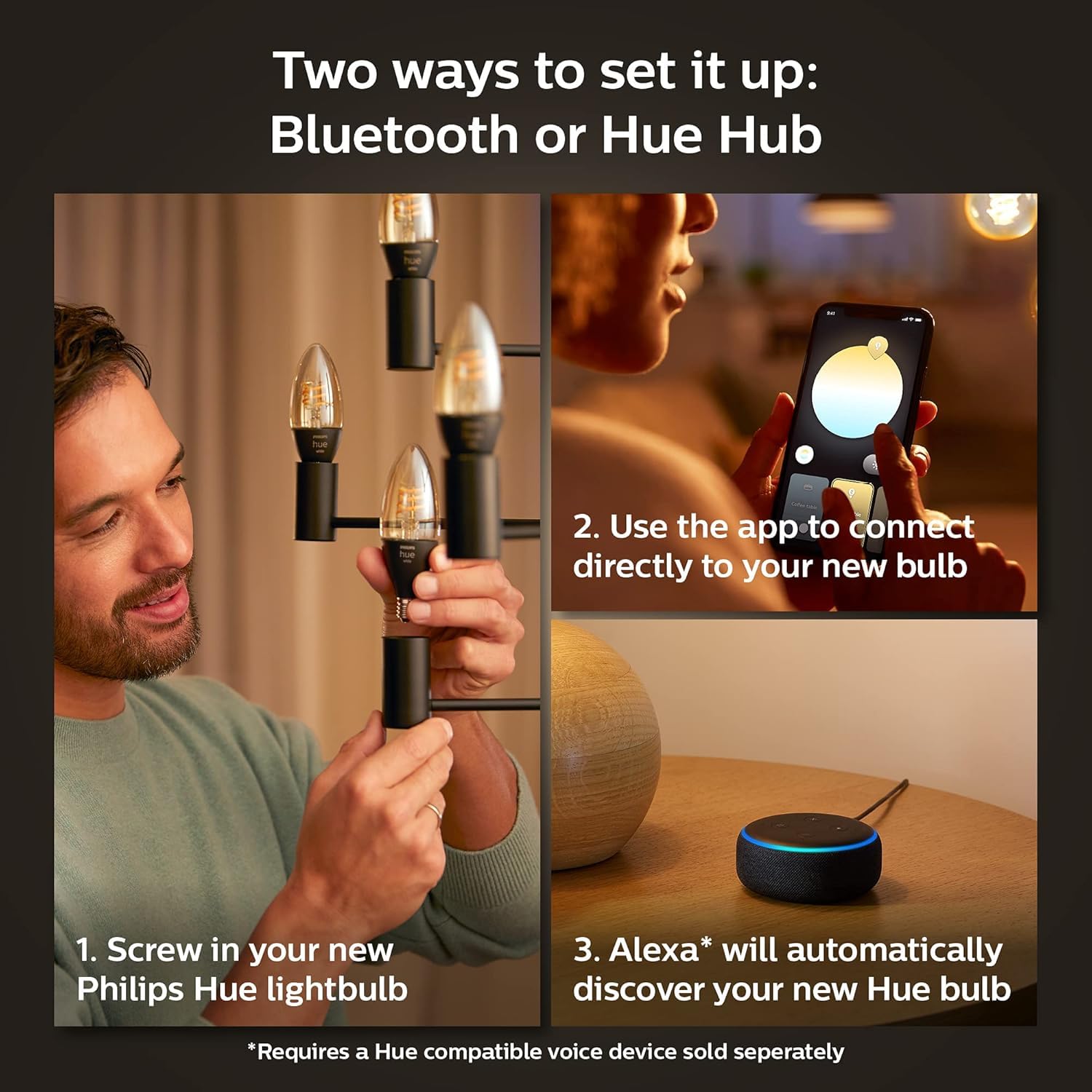 Philips Hue Smart 25W Candle-Shaped Filament LED Bulb - 4 Pack Soft Warm White Light (270LM, E12 Base) - Works with Alexa, Google Assistant & Apple HomeKit - Smart Home Lighting for Bedroom, Living Room & Dining Room