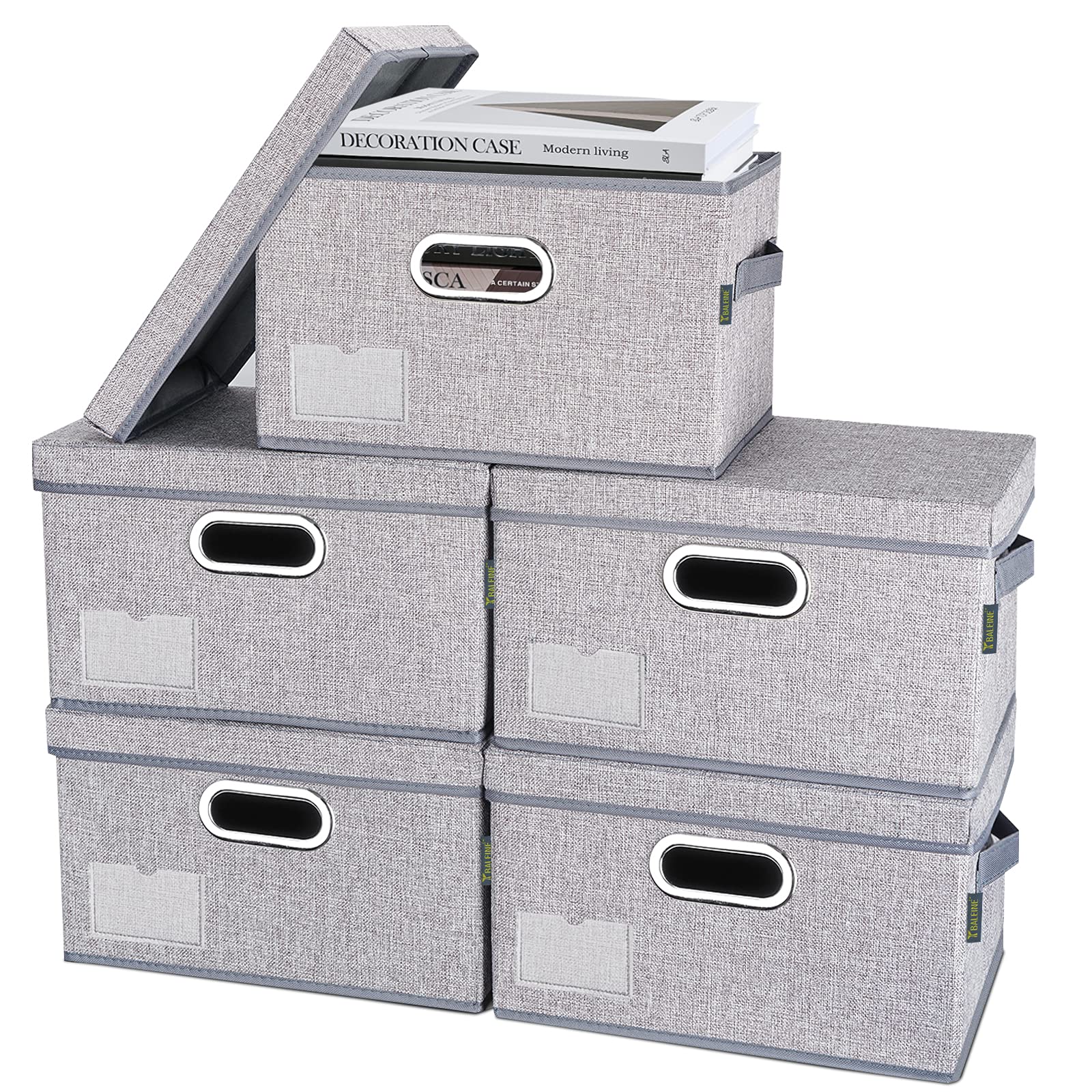 BALEINE Foldable Fabric Storage Bins with Lids - 5-Pack Medium Gray Collapsible Closet Organizers for Bedroom, Office & Home Organization | Space-Saving Storage Solution for Clothes, Toys & Seasonal Items