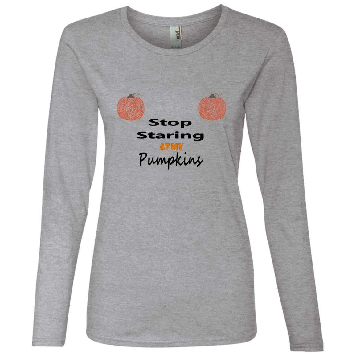 WineyBitches.Co Stop Staring At My Pumpkins Women's Lightweight Long Sleeve T-Shirt - Casual Fall Fashion for Pumpkin Patch Visits & Halloween Parties