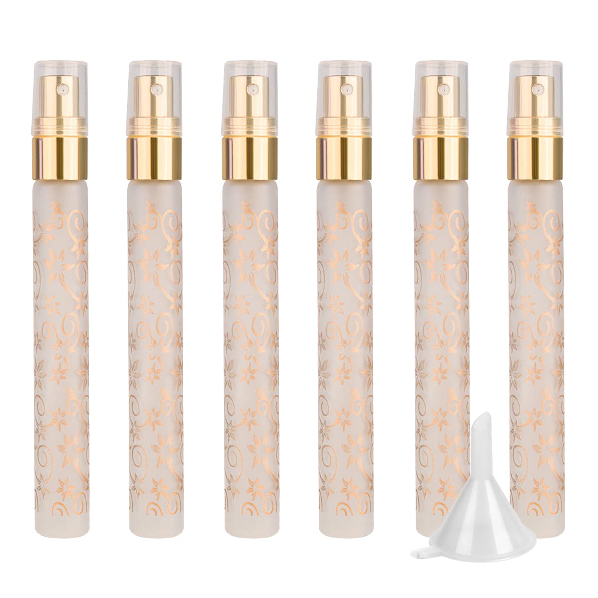 LusDoly 6-Pack 10ml Gold Glass Fine Mist Spray Bottles with Sprayer - Refillable Perfume Atomizer, Essential Oil Dispenser, Cosmetic & Cleaning Liquid Bottles - Perfect for Travel, DIY Beauty, and Home Use