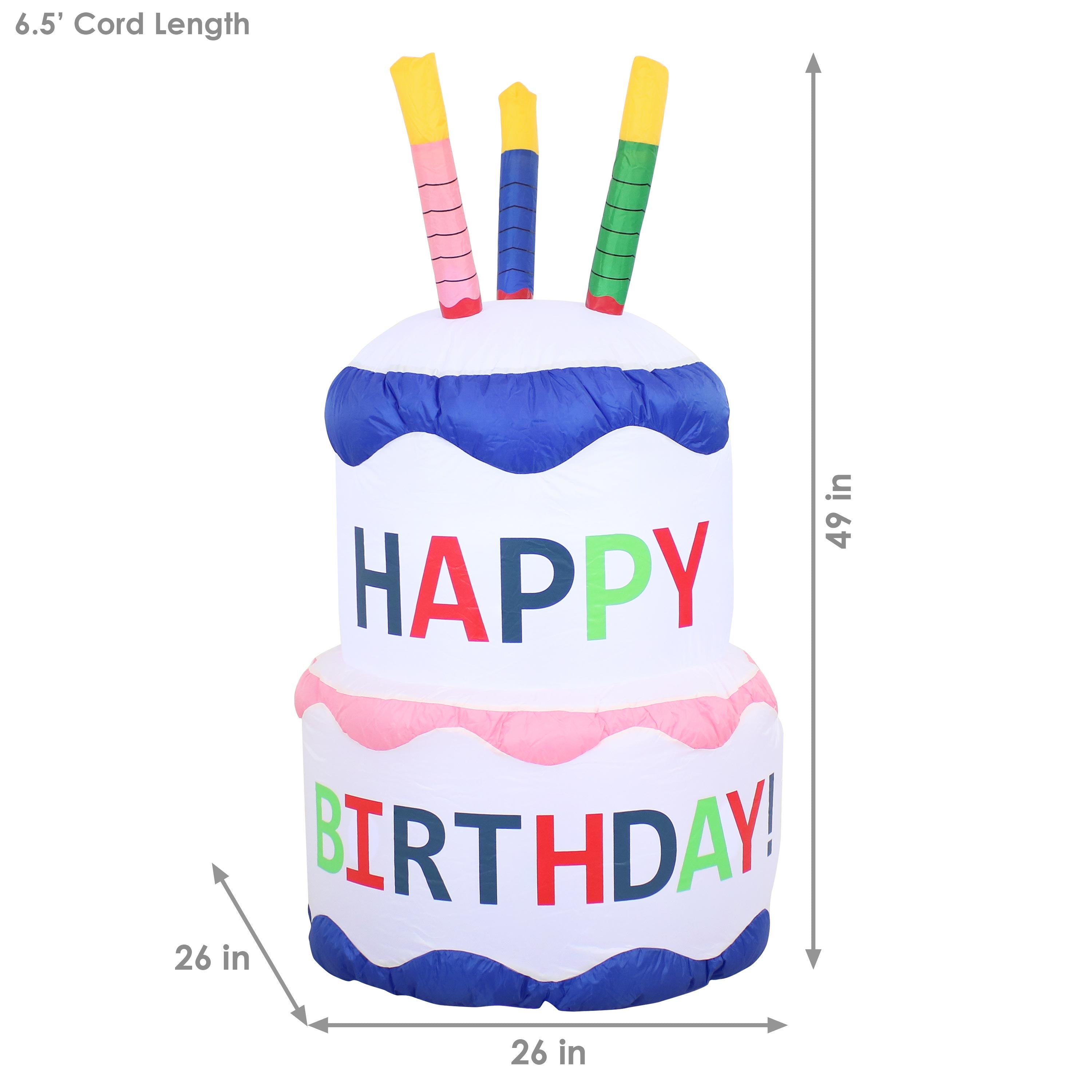 Happy Birthday Cake Inflatable Outdoor Decoration - 4ft Tall Party Decor for Backyard, Lawn & Garden Celebrations | Sunnydaze