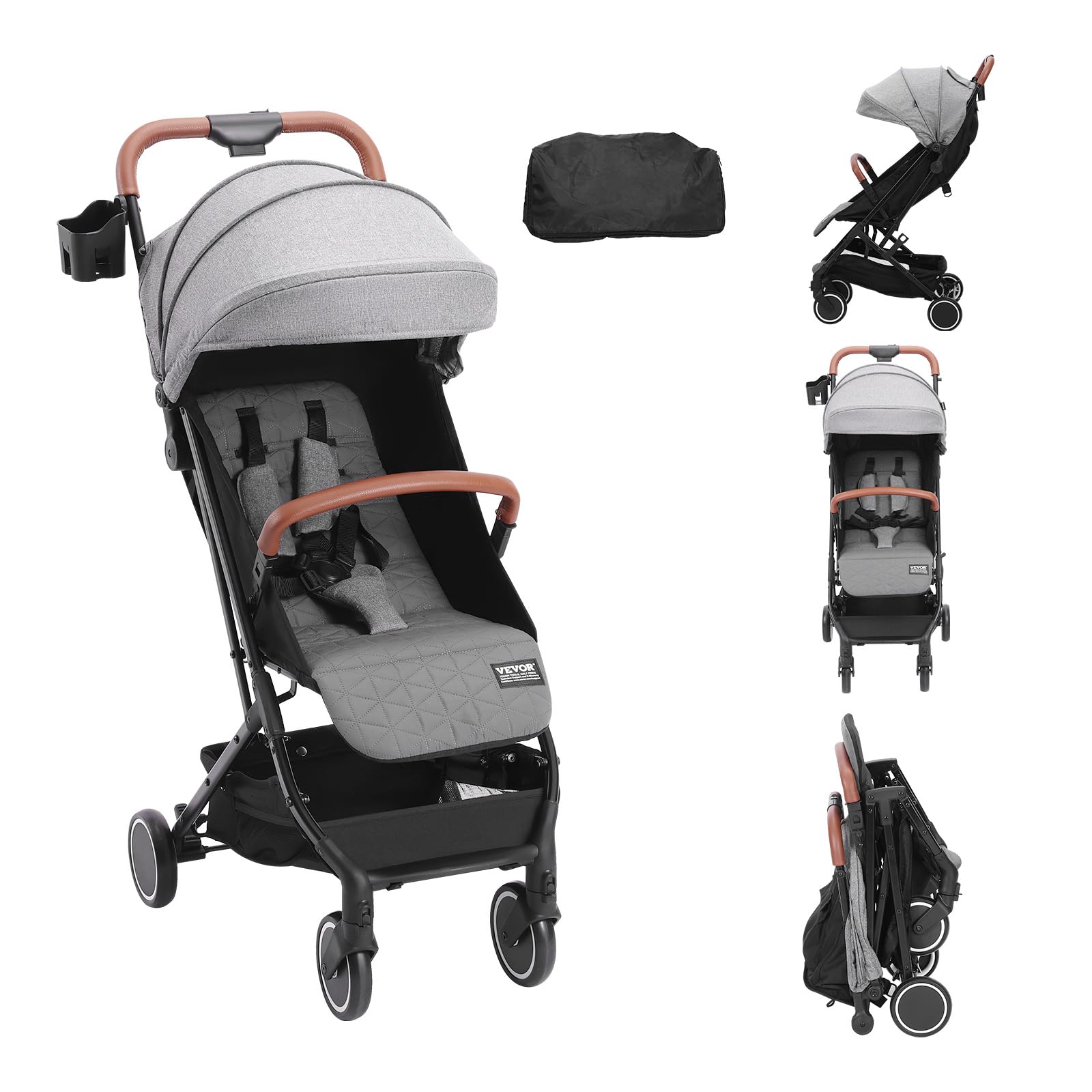 VEVOR Baby Stroller with Adjustable Backrest (95°-150°) & Footrest (0°/90°), One-Click Fold, Cup Holder & Carry Bag - Dark Grey - Perfect for Newborns to Toddlers, Ideal for Shopping, Travel & Daily Walks