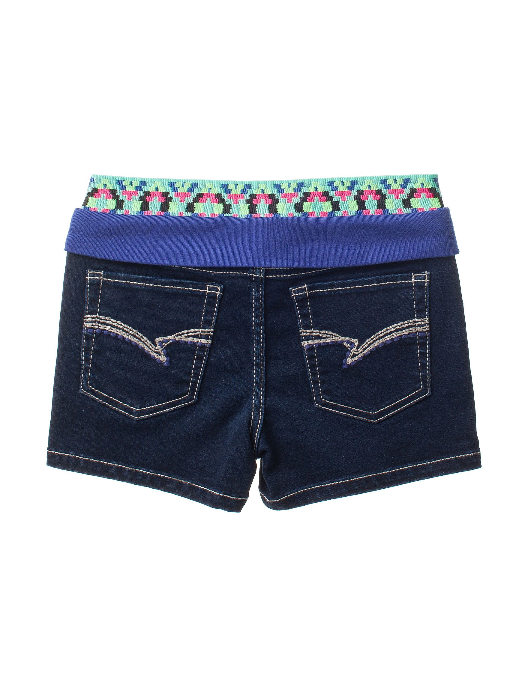 Girl's Knit Waistband Sports Denim Shorts - 2T Size, Dark Stone/Mint Aztec Print - Comfortable Stretchy Playwear for Toddler Girls - Perfect for Playdates, Daycare & Outdoor Activities
