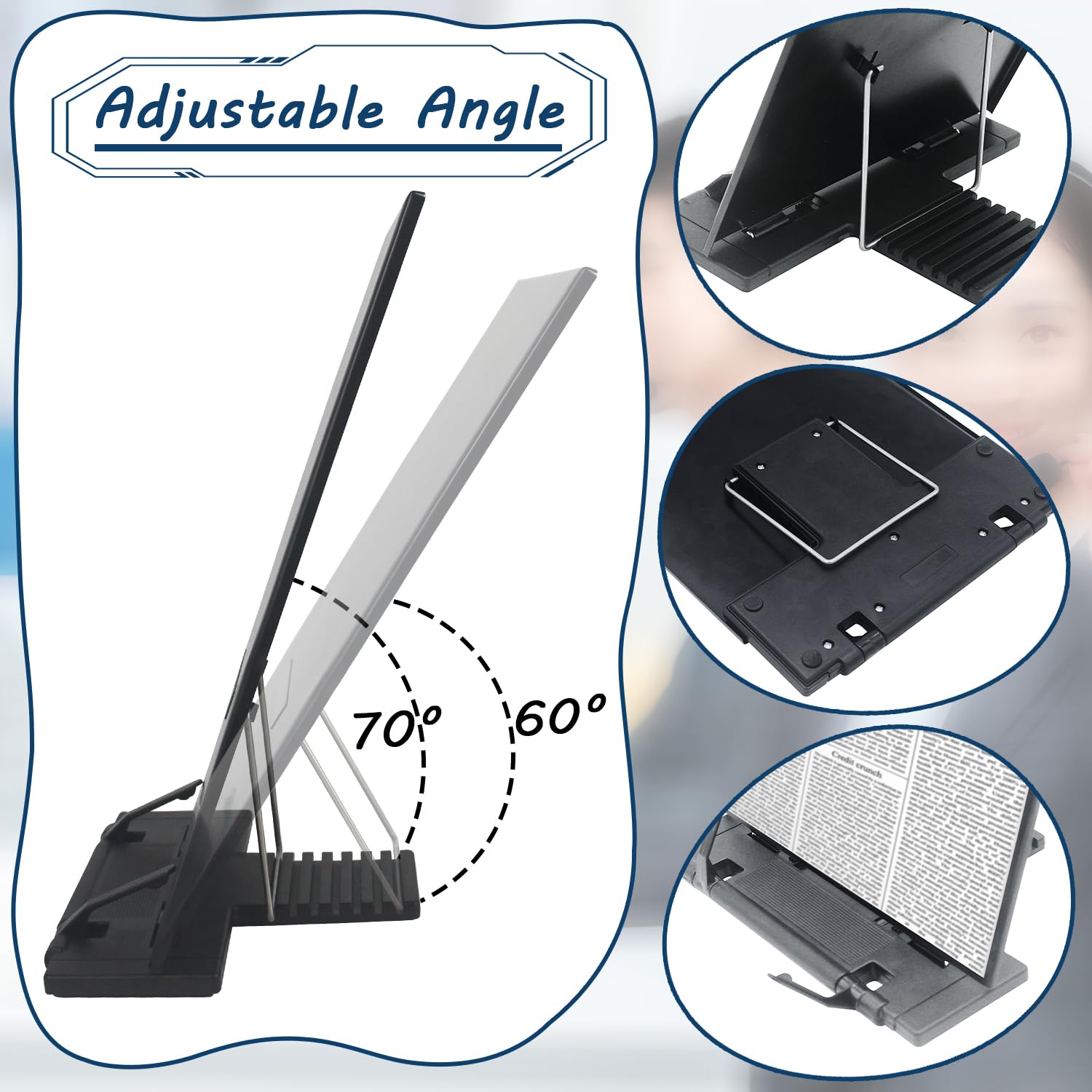Keenjorika Adjustable Desktop Document Holder - 7 Position Angle Book Stand for Reading, Typing & Speeches | Ergonomic Black Paper Organizer for Office & Home Workspaces