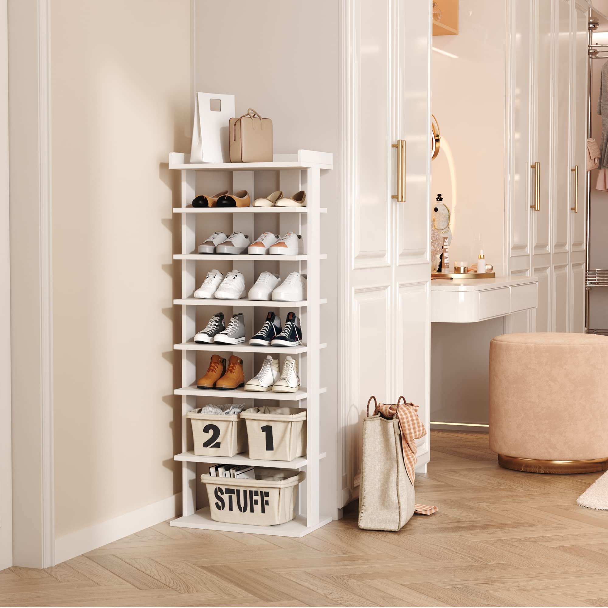 HOMEFORT 7-Tier Wooden Shoe Rack Organizer - Double Row Shoe Storage Shelf for Entryway, Closet & Bedroom - Space Saving Vertical Shoe Tower for Narrow Spaces - Perfect for Hallway, Mudroom & Apartment Organization (White)