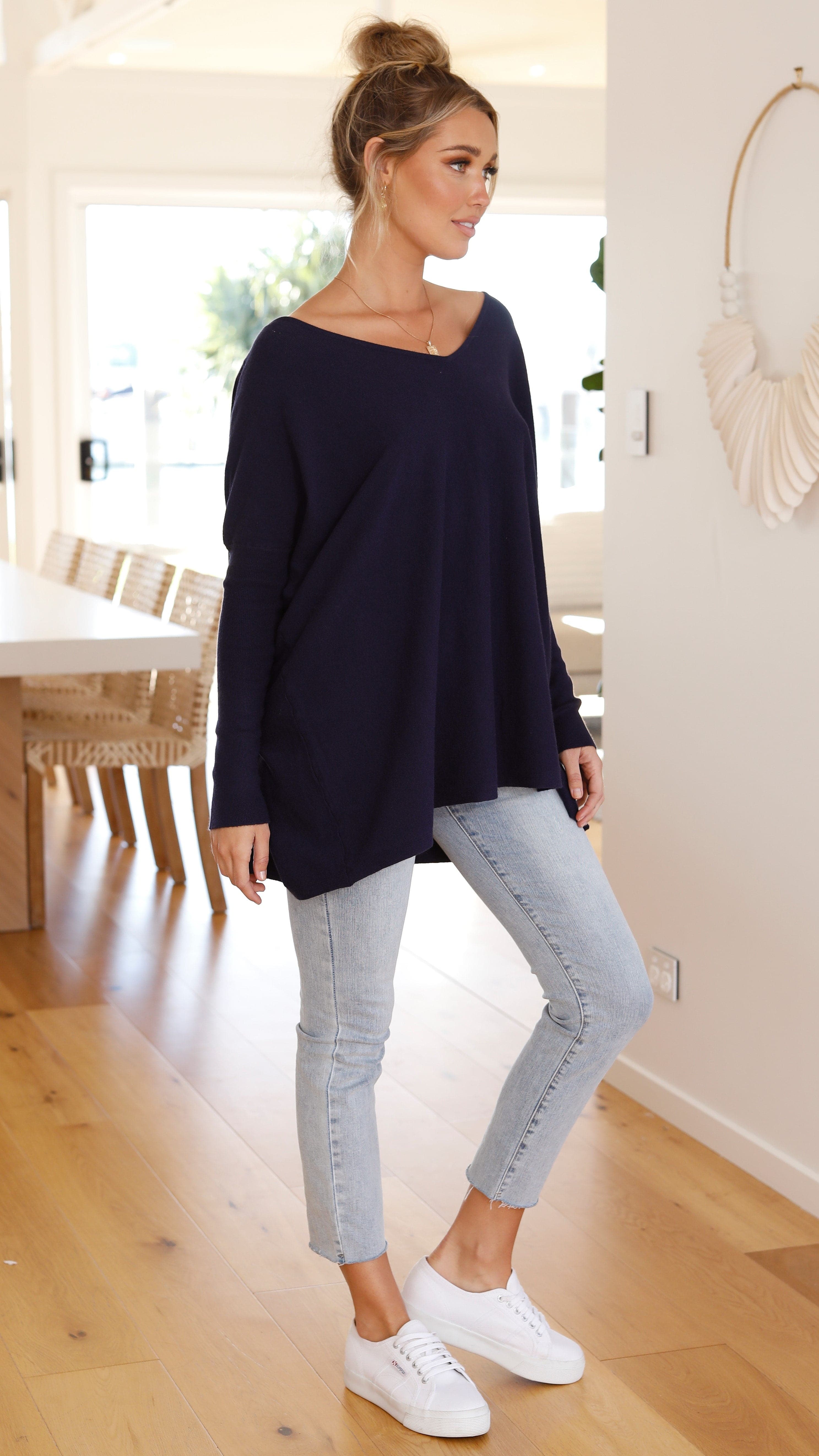 Amalia Knit Top for Women - Soft & Comfortable Navy Blue Crewneck Sweater | Perfect for Casual Wear, Office Outfits & Layering