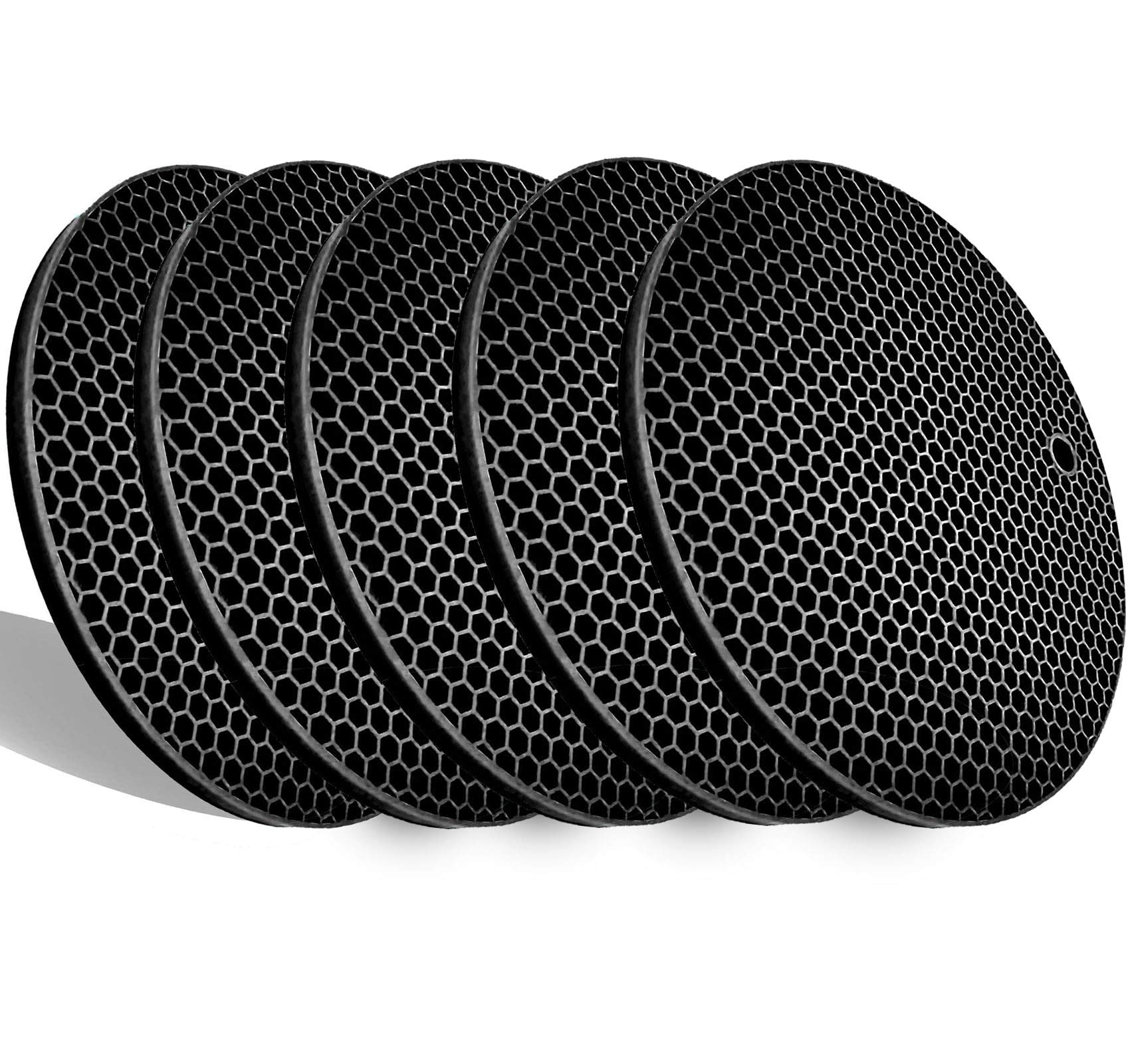 5-Pack Extra Thick Silicone Pot Coasters - Heatproof Trivet Mats for Hot Pans & Cookware | Non-Slip Durable Kitchen Table Mats | Honeycomb Design Heat Resistant Pads (Black) - Perfect for Dining Tables, Countertops & Outdoor BBQ Use