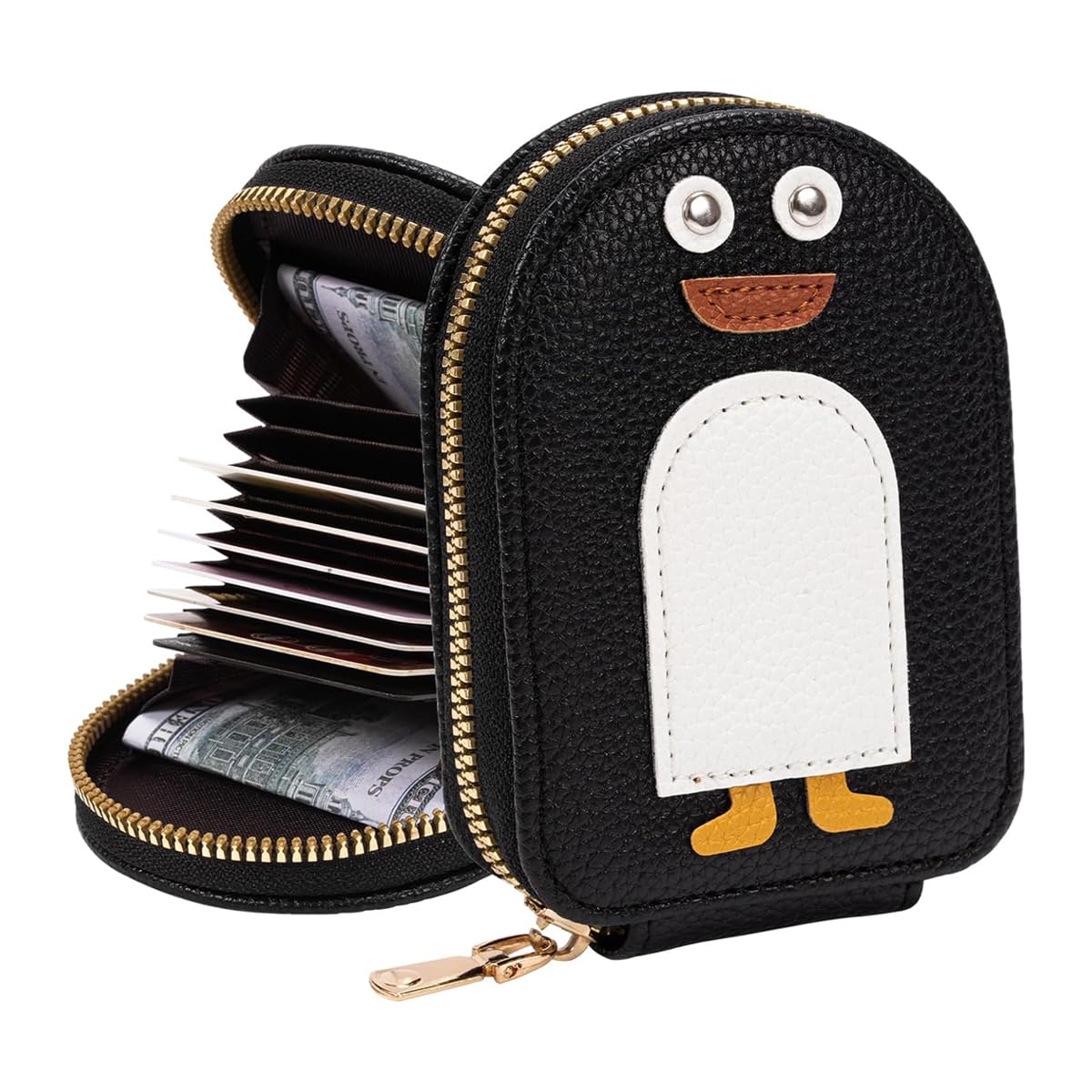 PALAY Girls RFID Blocking Travel Card Holder - 10 Compartment PU Leather Wallet Organizer with Zipper Pouch, Cartoon Penguin Design (Black) | Perfect for School, Travel, and Everyday Use