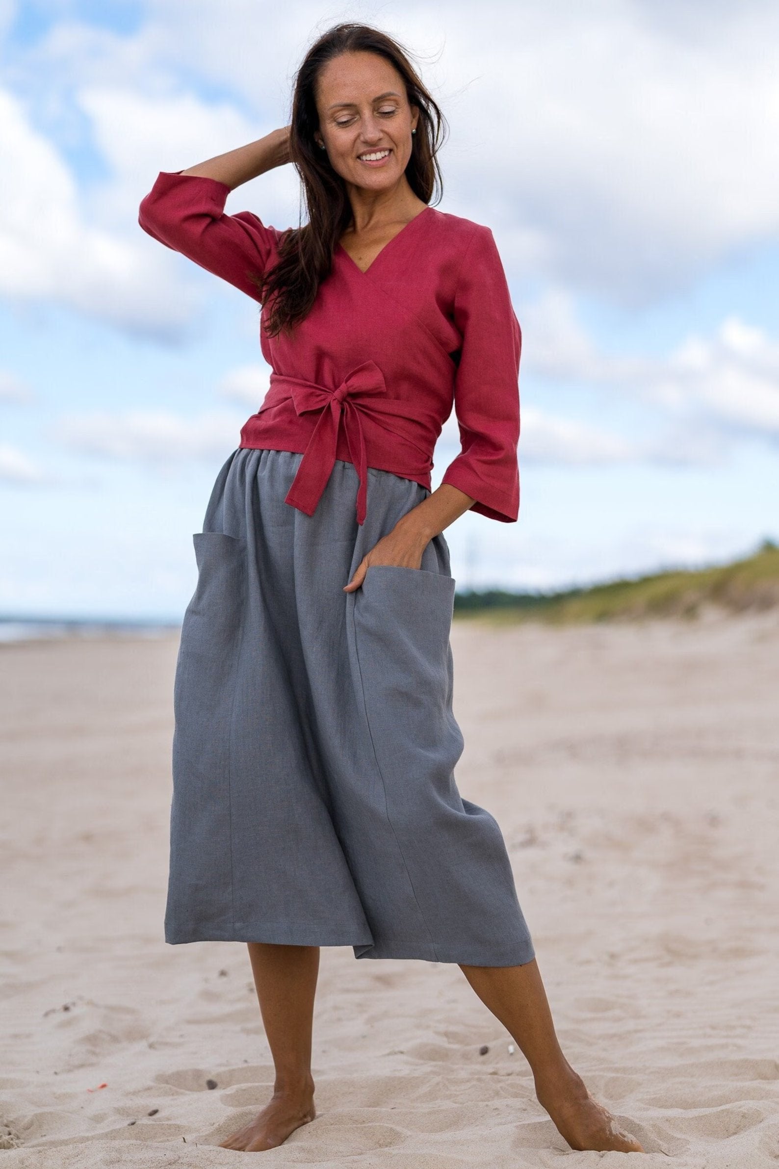 High Waist Deep Pockets MIDI Linen Skirt for Women - Comfortable Summer Casual Skirt in Grey | Perfect for Beach, Office, and Everyday Wear