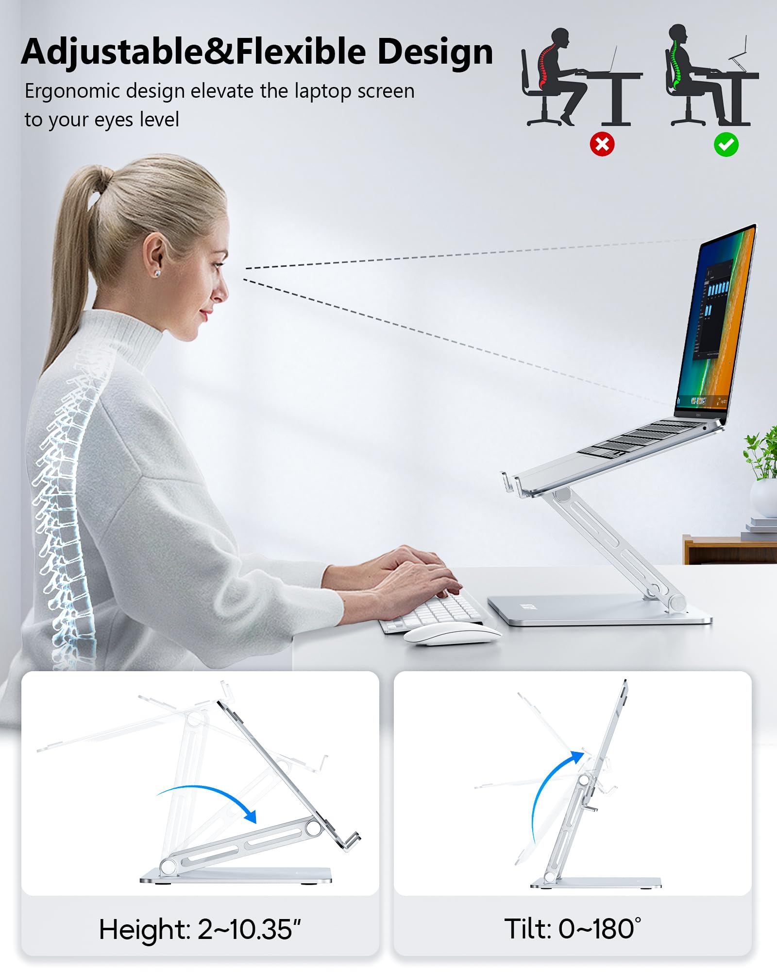 Adjustable Aluminum Laptop Stand for Desk - Portable Folding Notebook Riser Compatible with MacBook Air/Pro, Dell, HP, Lenovo (10-16 inch) - Silver | Perfect for Home Office, Coffee Shops & Workspace Ergonomics