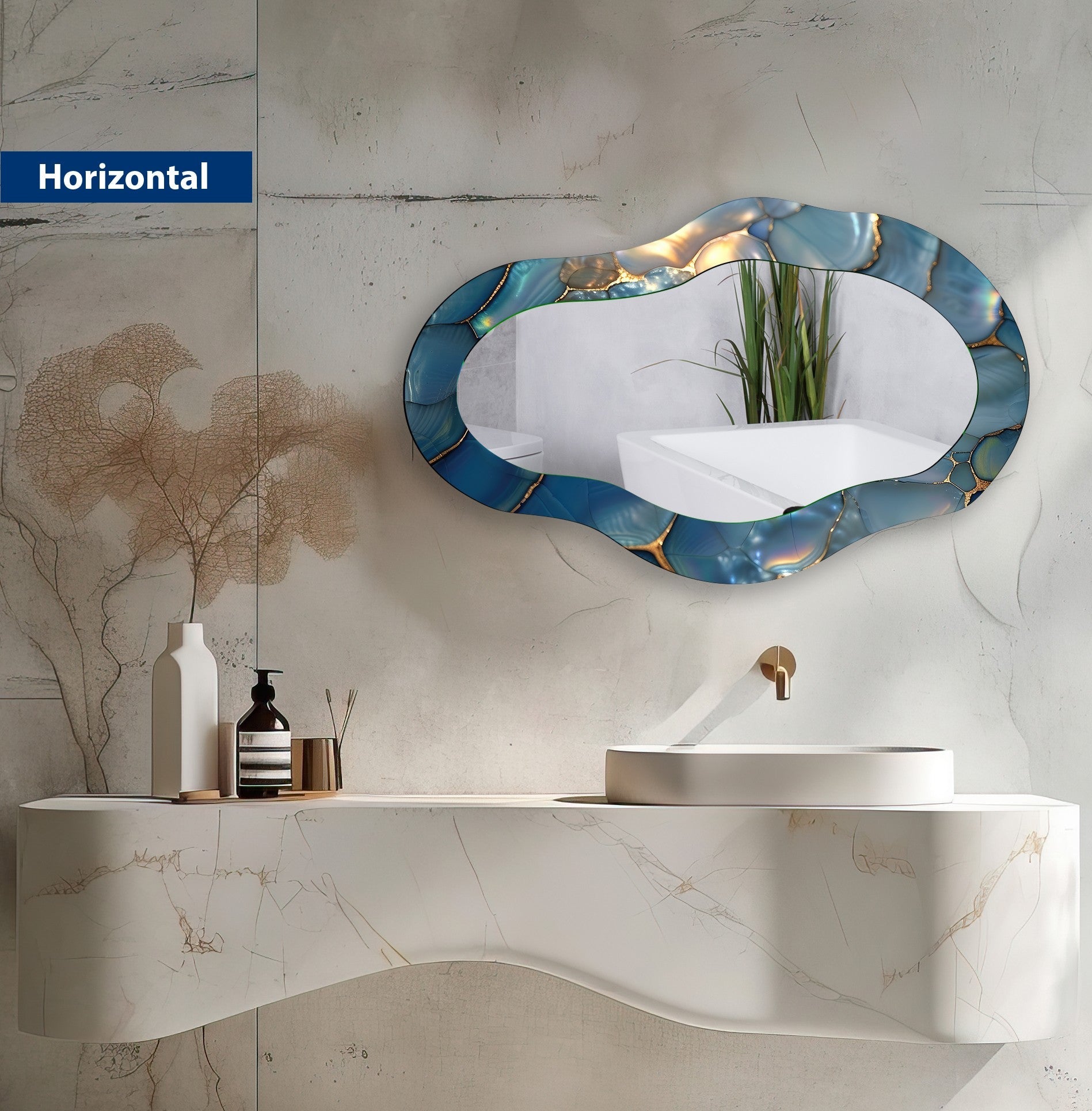 Blue Metallic Asymmetrical Wall Mirror - Modern Decorative Mirror for Living Room, Bedroom & Entryway - Unique Home Decor Accent Piece