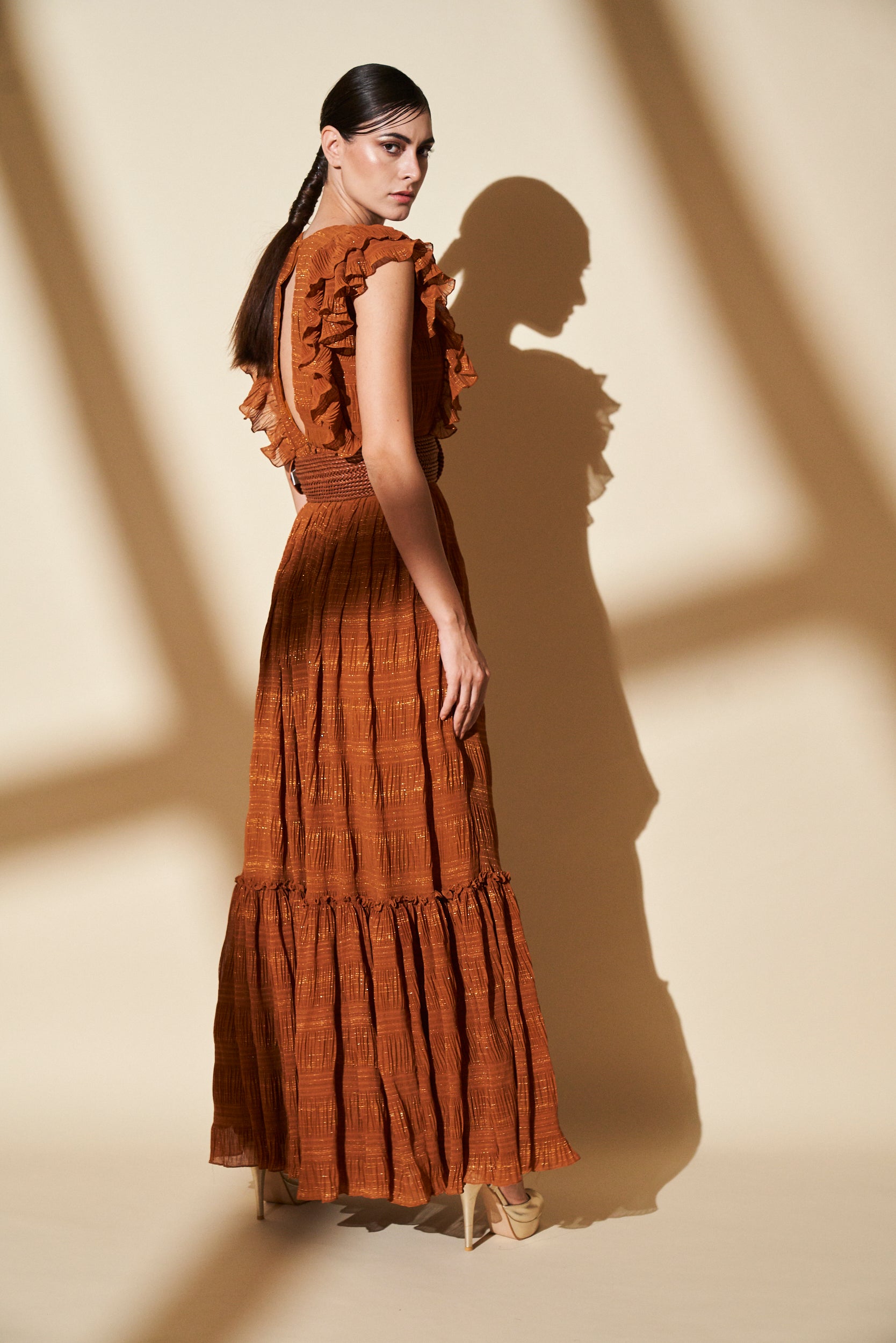 Mustard Gold Woven Zari Maxi Dress for Women - Elegant Indian Party Wear & Wedding Guest Outfit - Perfect for Festivals, Ceremonies and Special Occasions