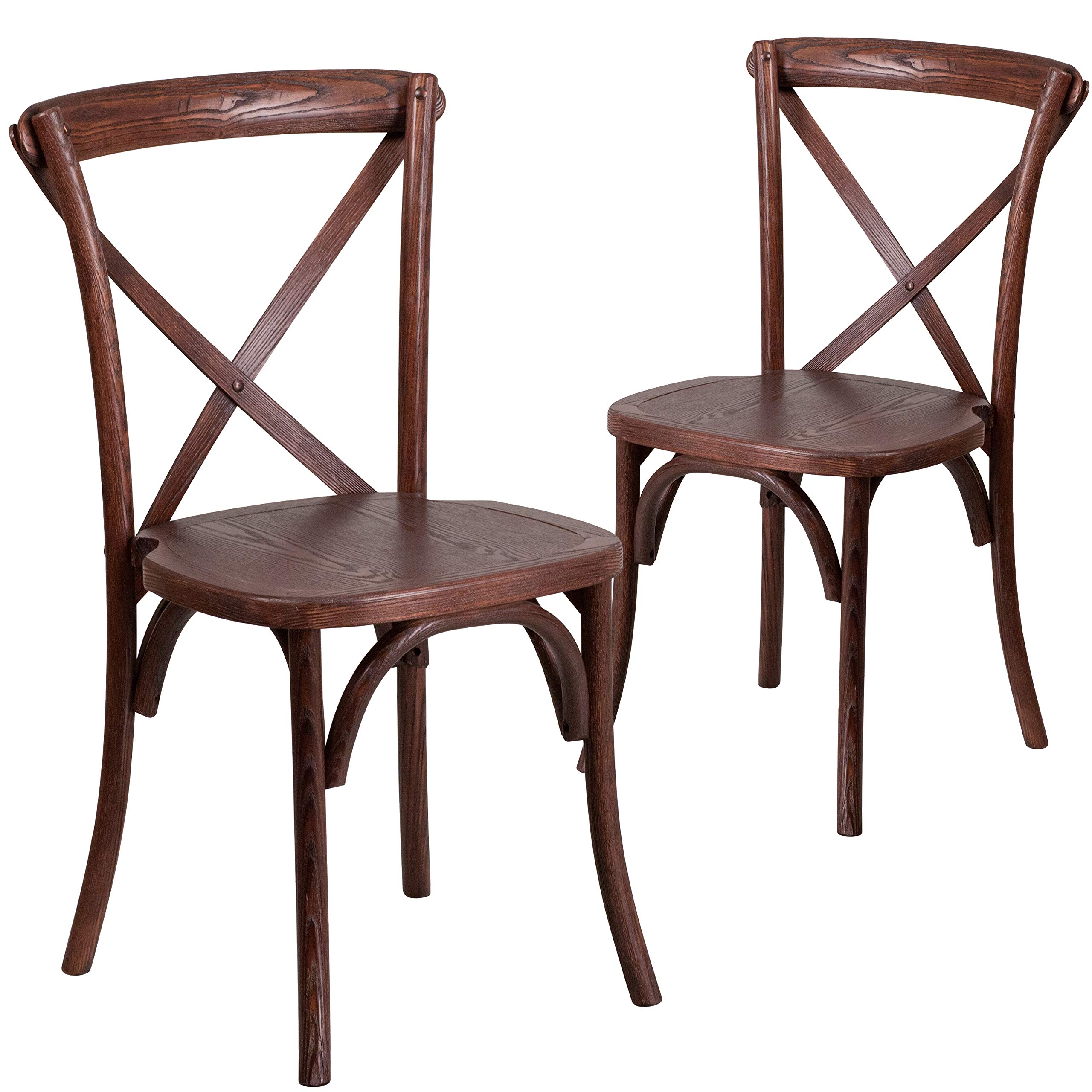 2 Pack Stackable Mahogany Wood Cross Back Chairs - Solid Wood Dining Room Chairs for Kitchen, Restaurant & Outdoor Patio - Comfortable Seating for Home, Cafe and Wedding Events