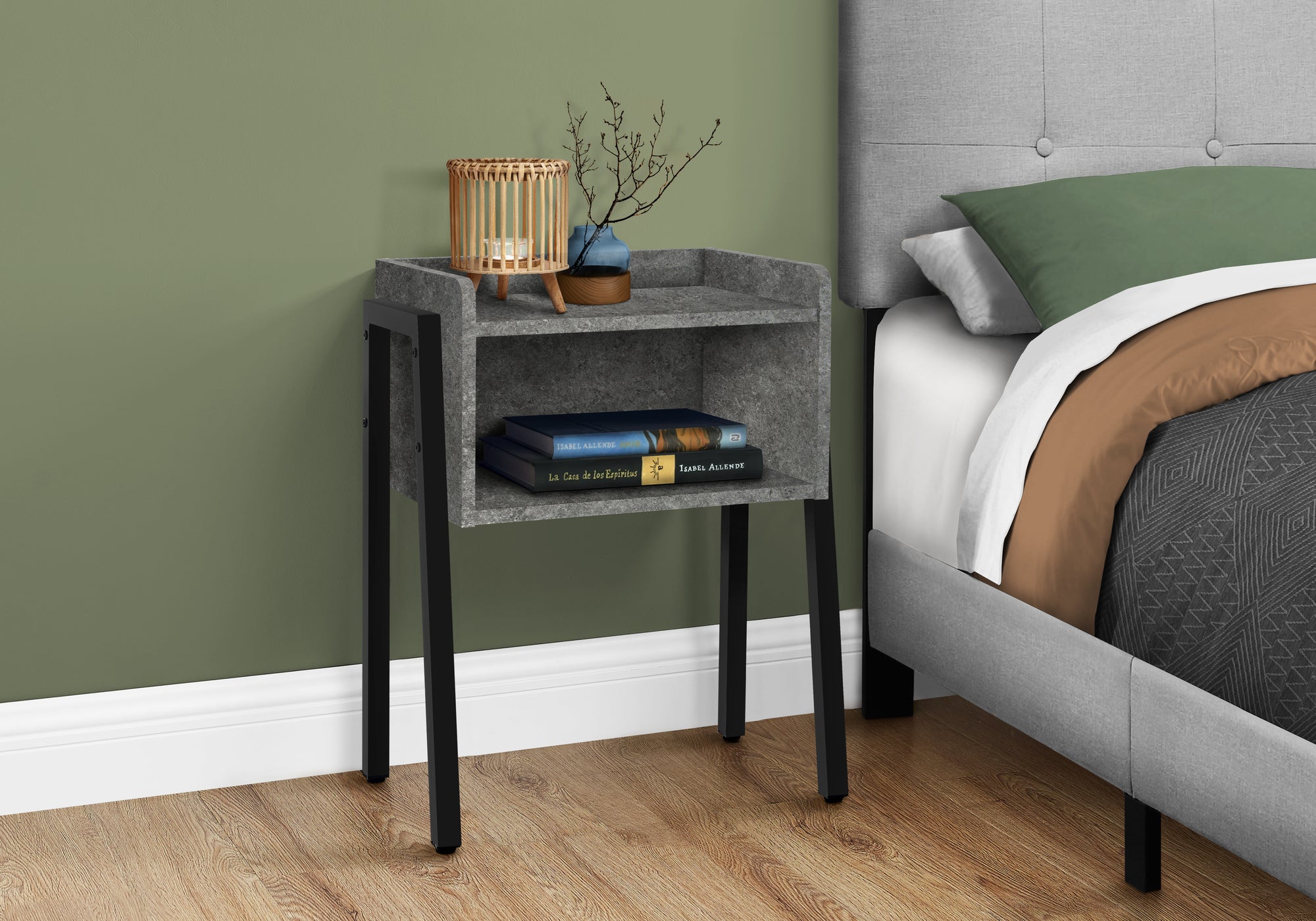 Modern Grey Stone Look Accent Table with Black Metal Frame - 23 Inch Height - Perfect for Living Room, Bedroom, or Entryway Decor