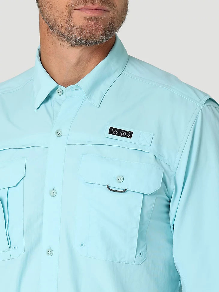 ATG By Wrangler™ Men's Long Sleeve Fishing Shirt - Gulf Blue - Moisture Wicking & UV Protection for Outdoor Activities, Hiking, and Camping