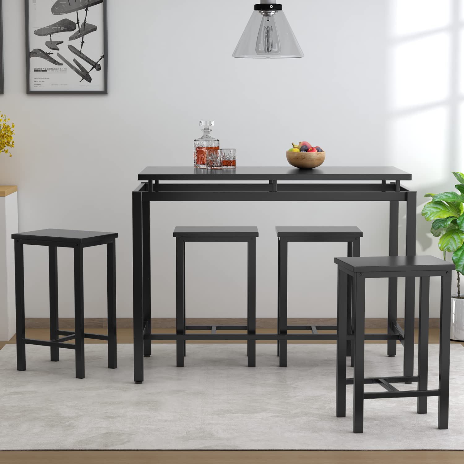 Industrial Pub Table and Chairs Set for 4 - High Top Dining Table with 4 Stools - Space Saving Kitchen & Bar Furniture for Small Spaces - Perfect for Living Room, Dining Room, Club or Restaurant (Black)