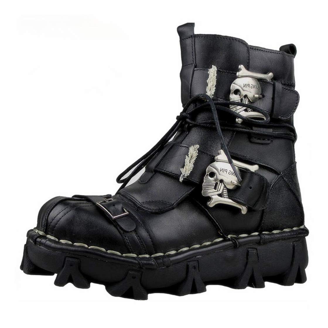 Men's Black Genuine Leather Military Combat Boots - Gothic Punk Motorcycle Riding Boots with Skull Design - Perfect for Bikers, Army Style & Alternative Fashion Lovers