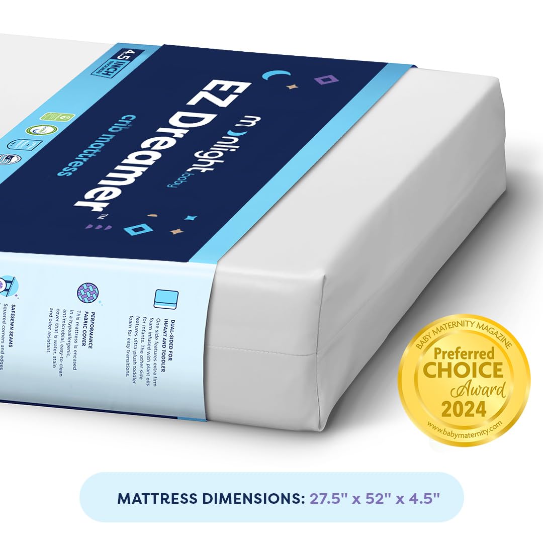 Moonlight Slumber EZ Dreamer Dual-Sided Crib Mattress - 2-Stage Baby & Toddler Mattress with Firm EZ Rise Foam & Waterproof Cover (52