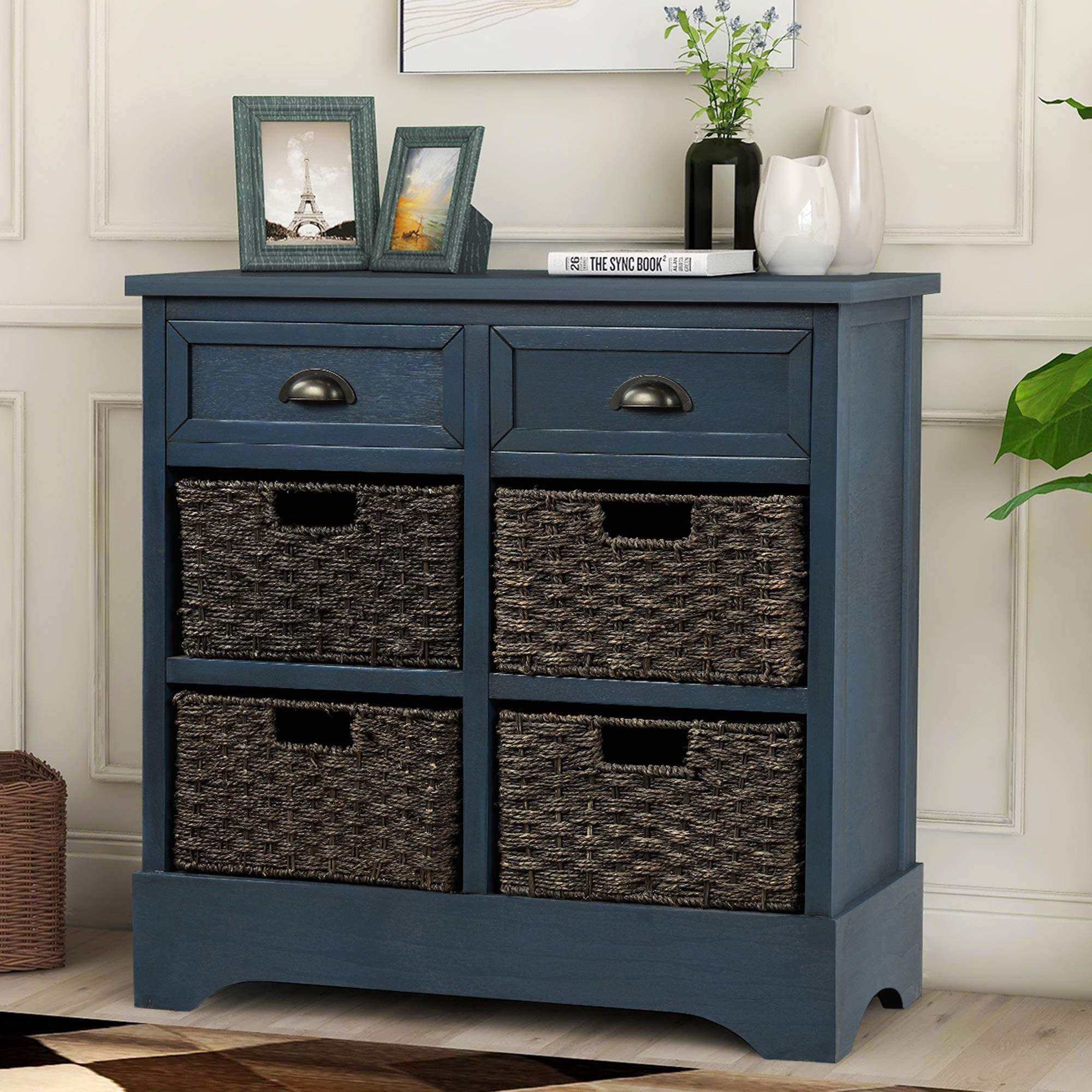 Vintage Style Storage Cabinet with 2 Drawers & 4 Baskets - Retro Entryway Organizer for Living Room, Bedroom & Home Office - Antique Navy Storage Unit for Home Decor & Clutter Control
