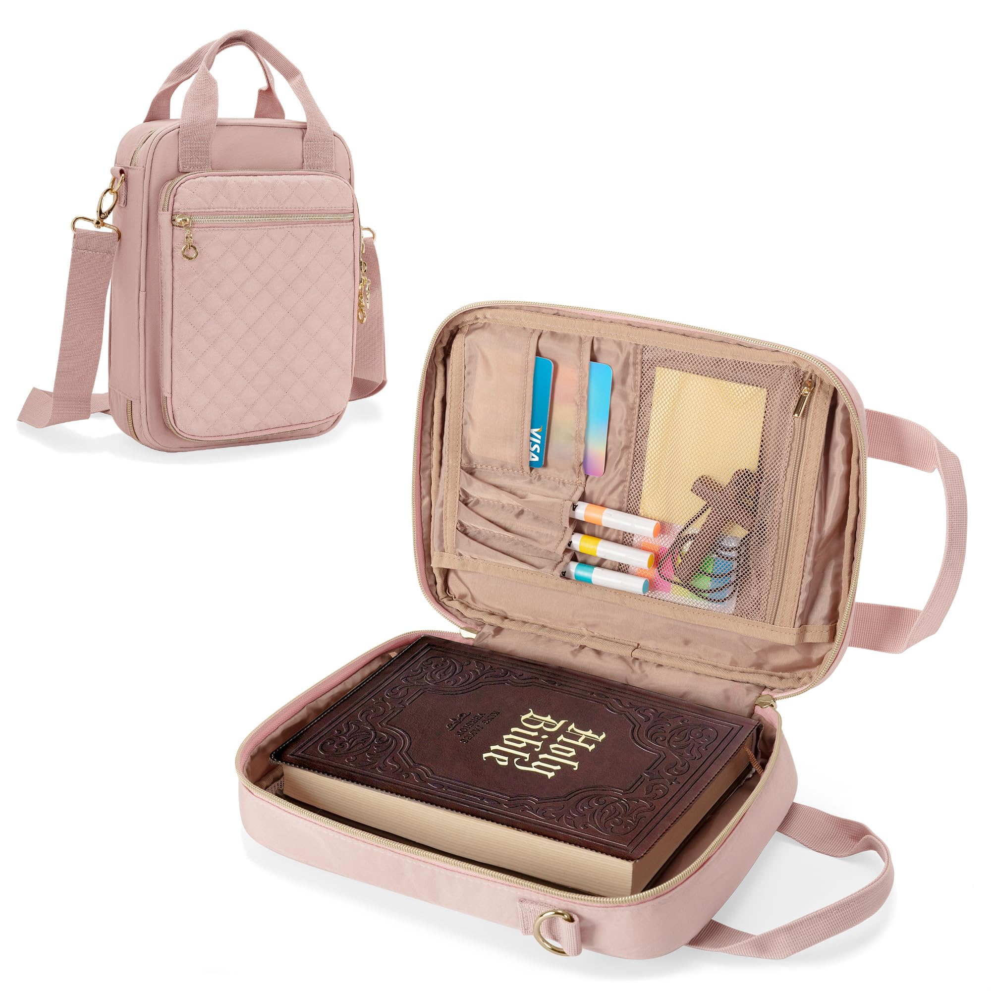 Teamoy Quilted Bible Cover Case for Women & Men - Durable Church Book Cover with Adjustable Shoulder Strap - Perfect for Sunday Service, Bible Study & Travel - Pink