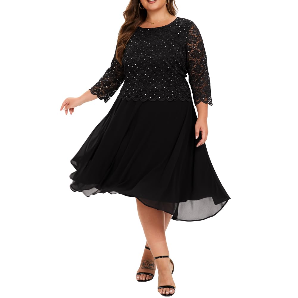 Plus Size Sequin Lace Tea Length Dress for Women - Elegant Mother of the Bride Dress for Weddings, Parties & Special Occasions | Perfect for Cocktail Receptions, Anniversary Celebrations & Formal Events
