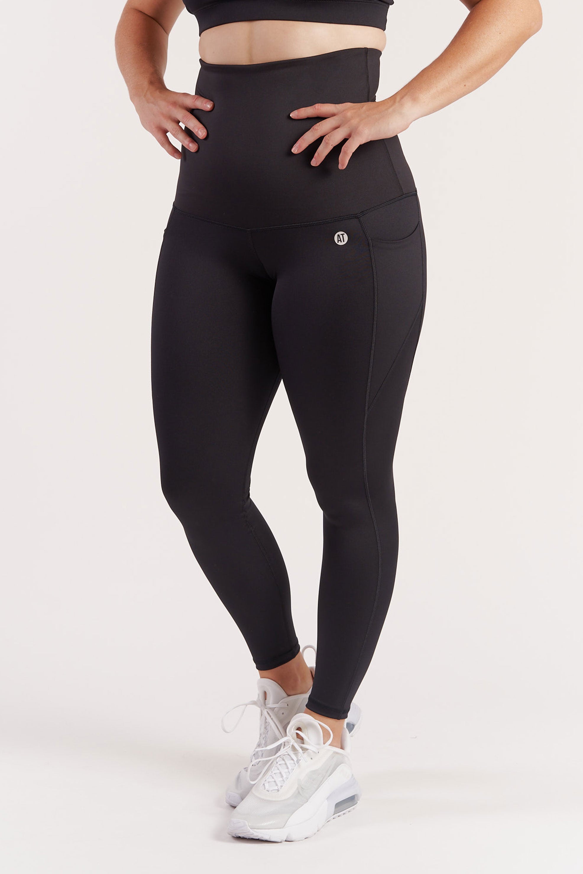 Postpartum Recovery Maternity Leggings with Pockets - High Waisted Black Yoga Pants for Nursing Mothers | Comfortable Post-Pregnancy Workout & Lounge Wear
