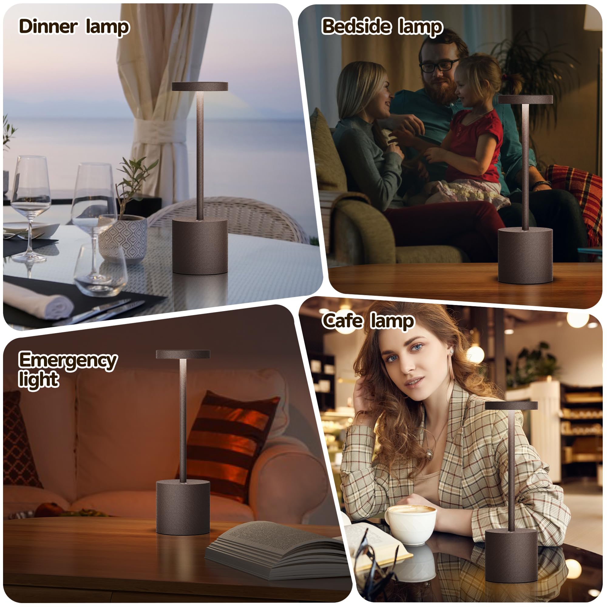 2 Pack Rechargeable LED Table Lamp - 5000mAh Battery, 3 Brightness Levels, USB Powered Metal Desk Light for Home, Office, Restaurant & Outdoor Use (10.25 Inch, Rustic Brown)