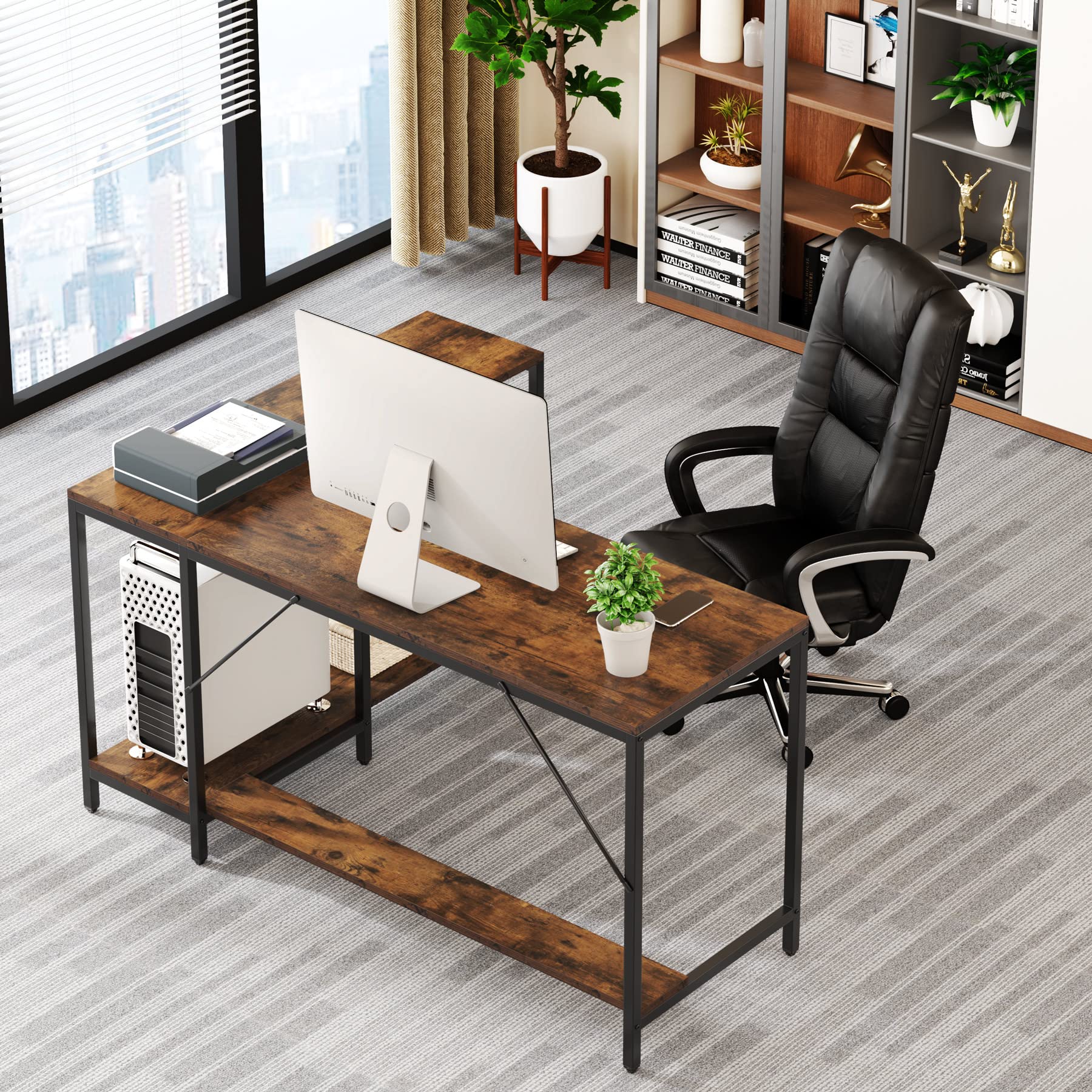 Tribesigns L-Shaped Computer Desk with Storage Shelves - Reversible Gaming Desk for Home Office, Study & Workstation - Rustic Brown Finish for Modern & Rustic Decor