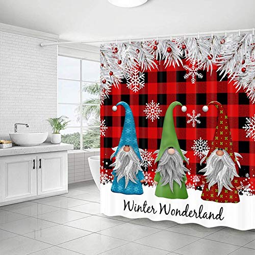 JAWO Christmas Shower Curtain Set - Waterproof Fabric Bathroom Decor with 12 Hooks | Cute Gnome & Snowflake Red Black Plaid Design | Perfect for Holiday Bathroom Decor, Christmas Party & Festive Home Styling